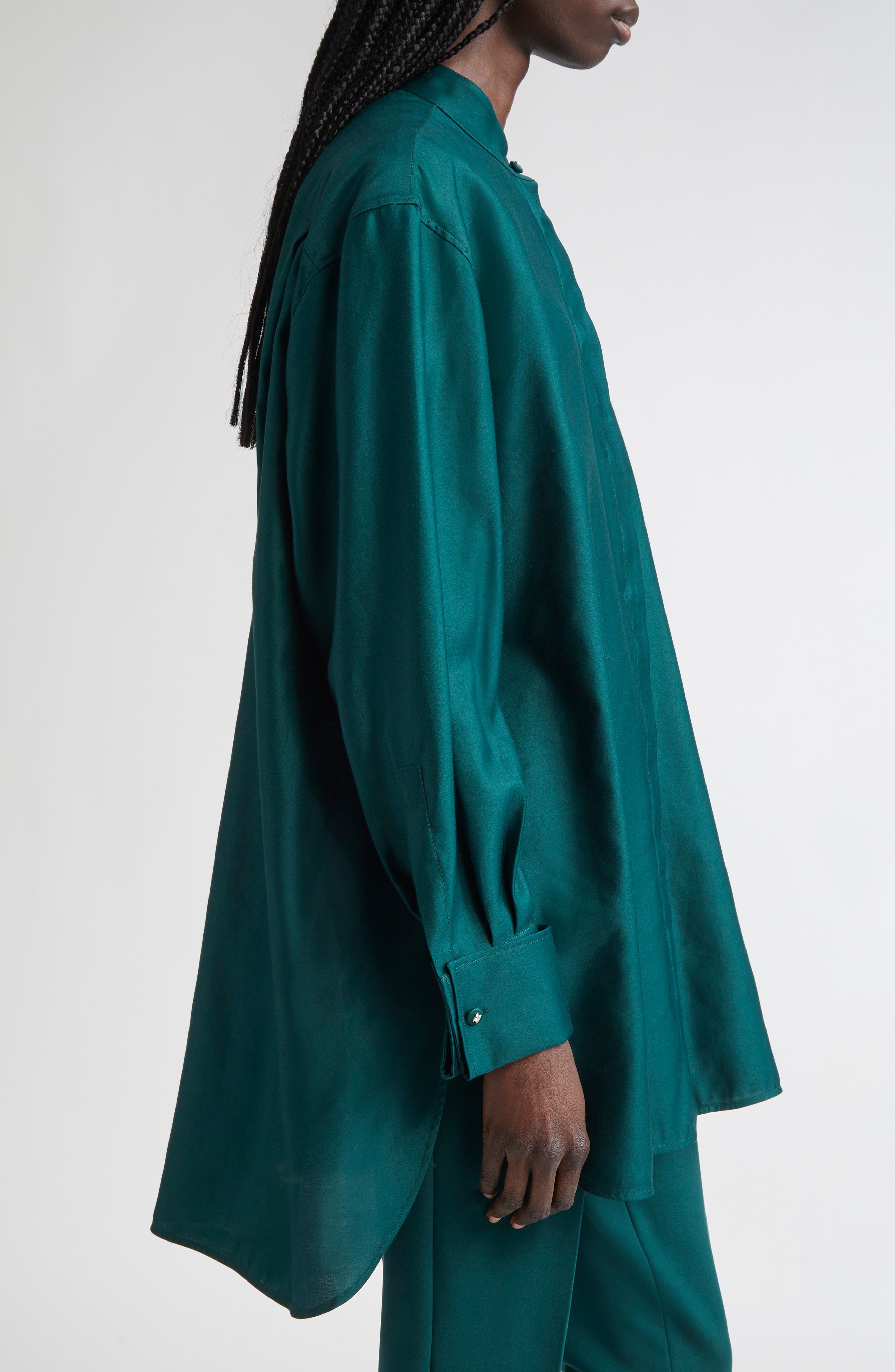 Max Mara Anta Oversize Cotton Sateen Button-Up Shirt in Dark Green at Nordstrom - 4