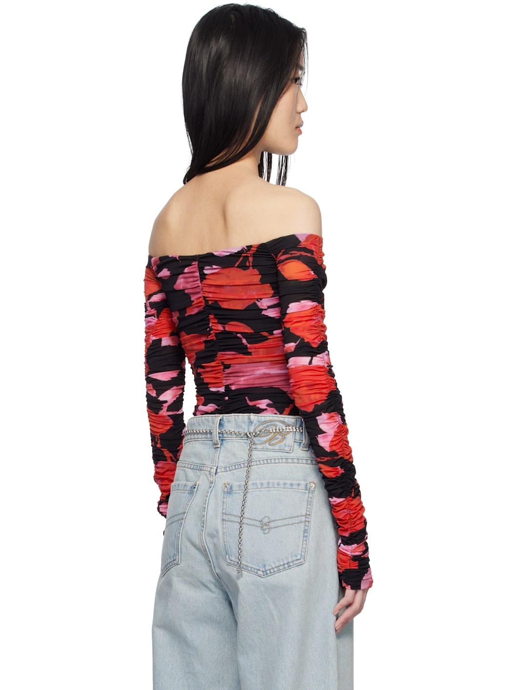 Black & Red Printed Jersey Draped Top - 3