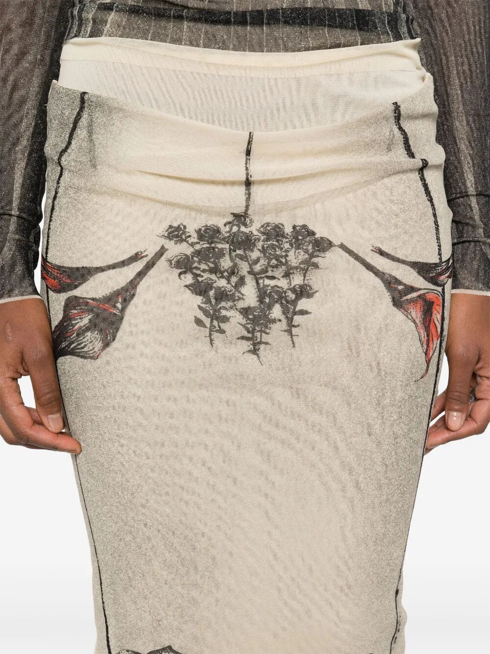 Jean Paul Gaultier Women Mesh Skirt Double Layer Printed "Tattoo Rose & Bird" - 2