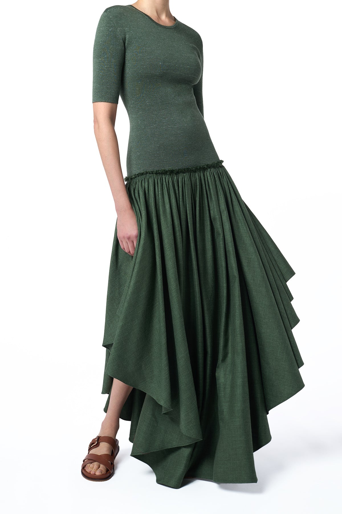 Sirona Pleated Maxi Dress in Olive Virgin Wool Silk with Linen - 2