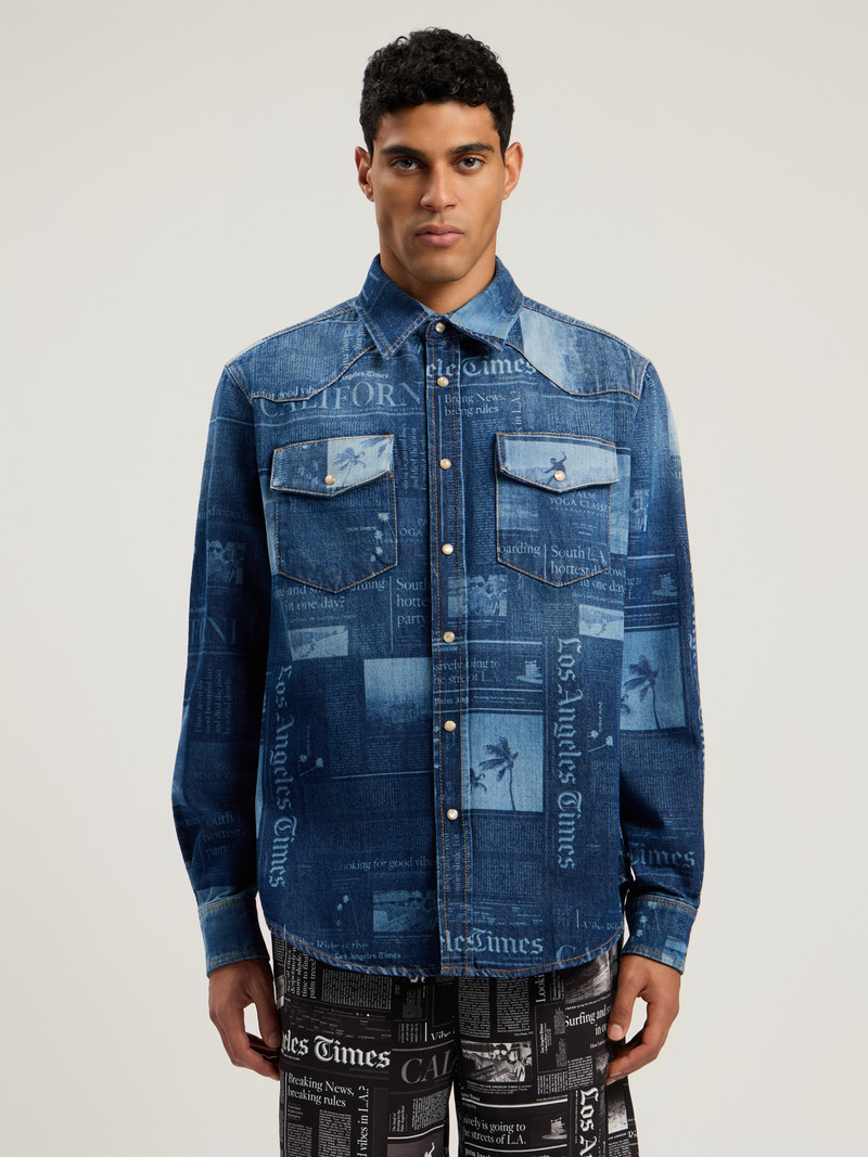 Palm Angels News Print Denim Shirt outlook