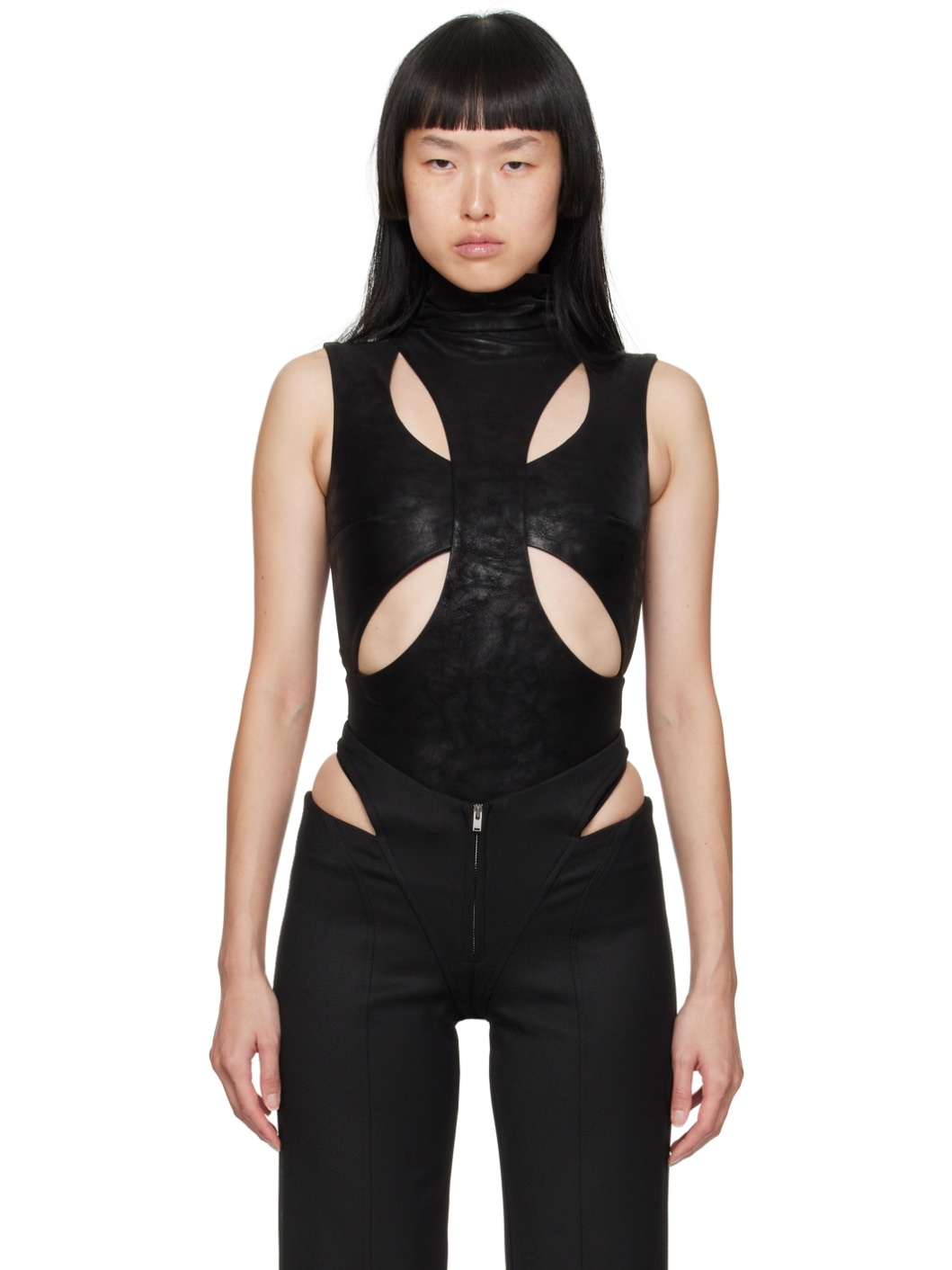 Black Butterfly Faux-Leather Bodysuit - 1