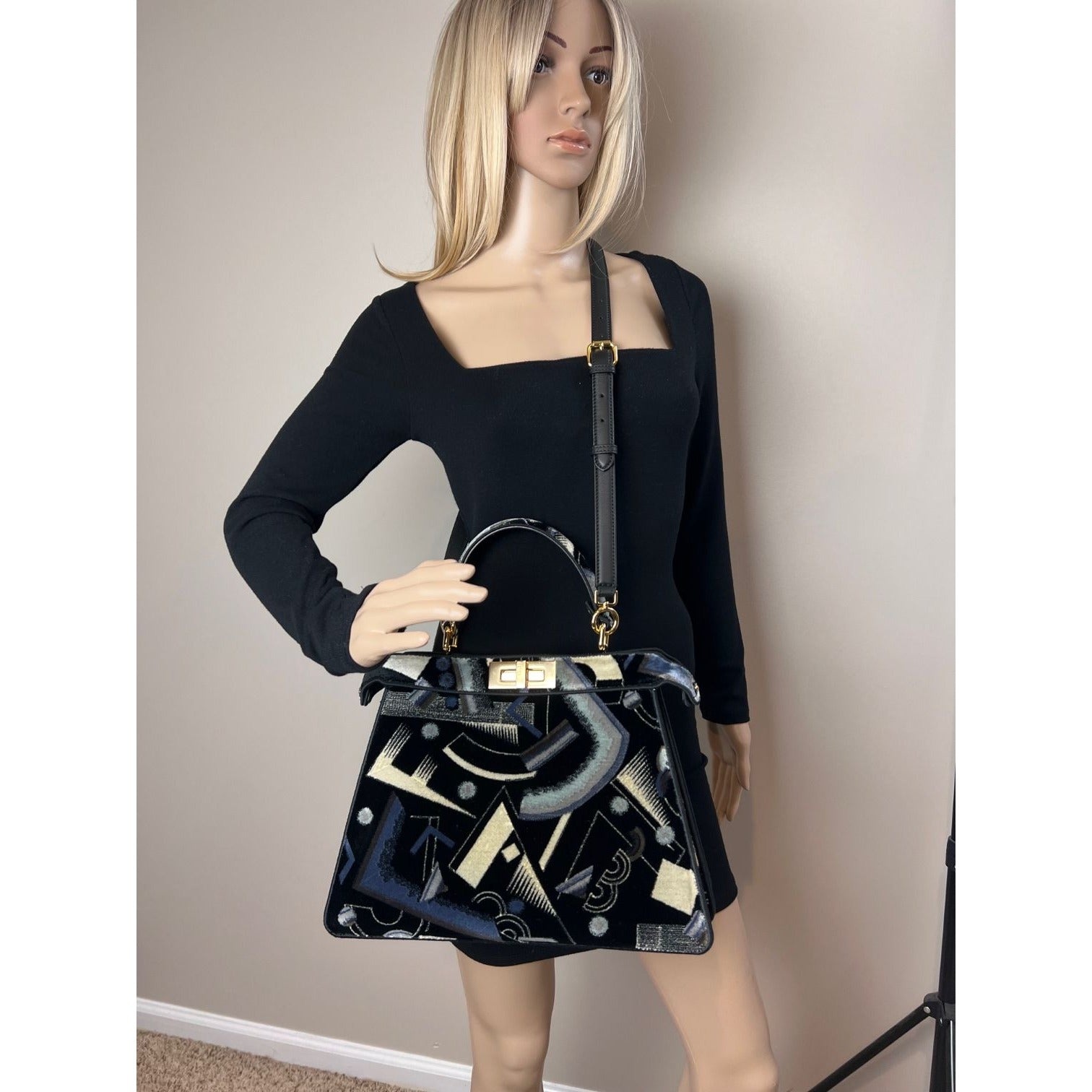 Fendi Peekaboo I see u Medium Printed Velvet Black Blue Satchel Shoulder Bag - 12