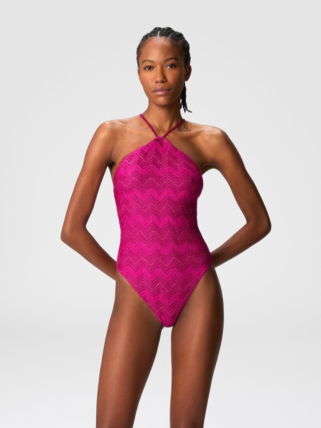Zig zag lamé viscose one-piece swimsuit with halter neck - 2