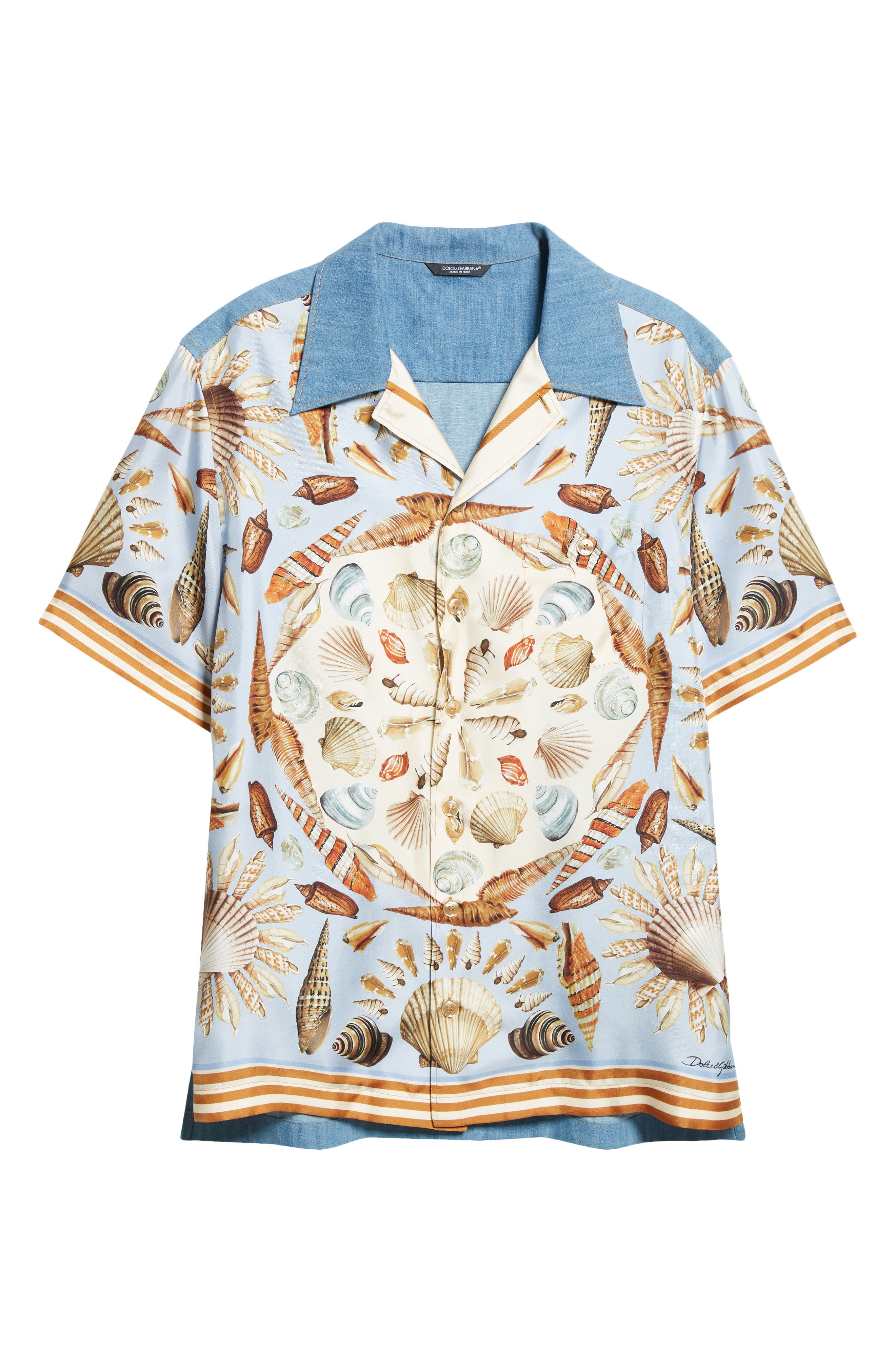 Dolce&Gabbana Seashell Print Mixed Media Camp Shirt in S9001 Variante Abbinata at Nordstrom - 5