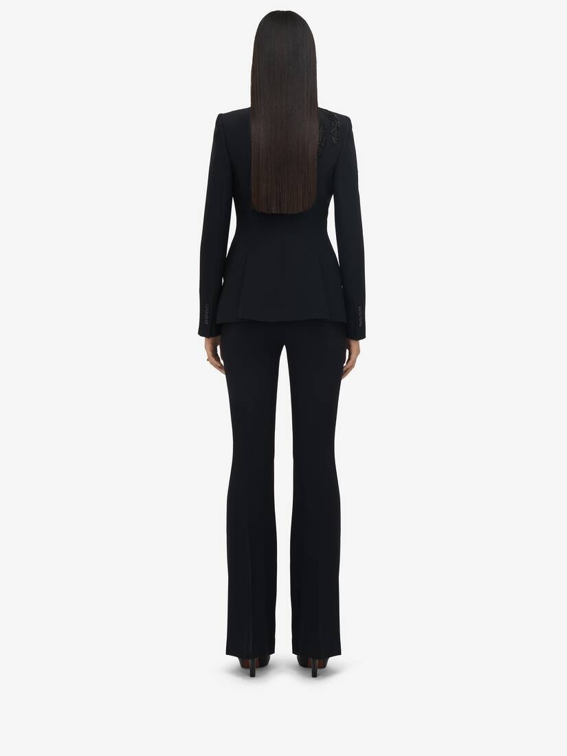 Women's Feather Embroidery Peak Shoulder Jacket in Black - 5