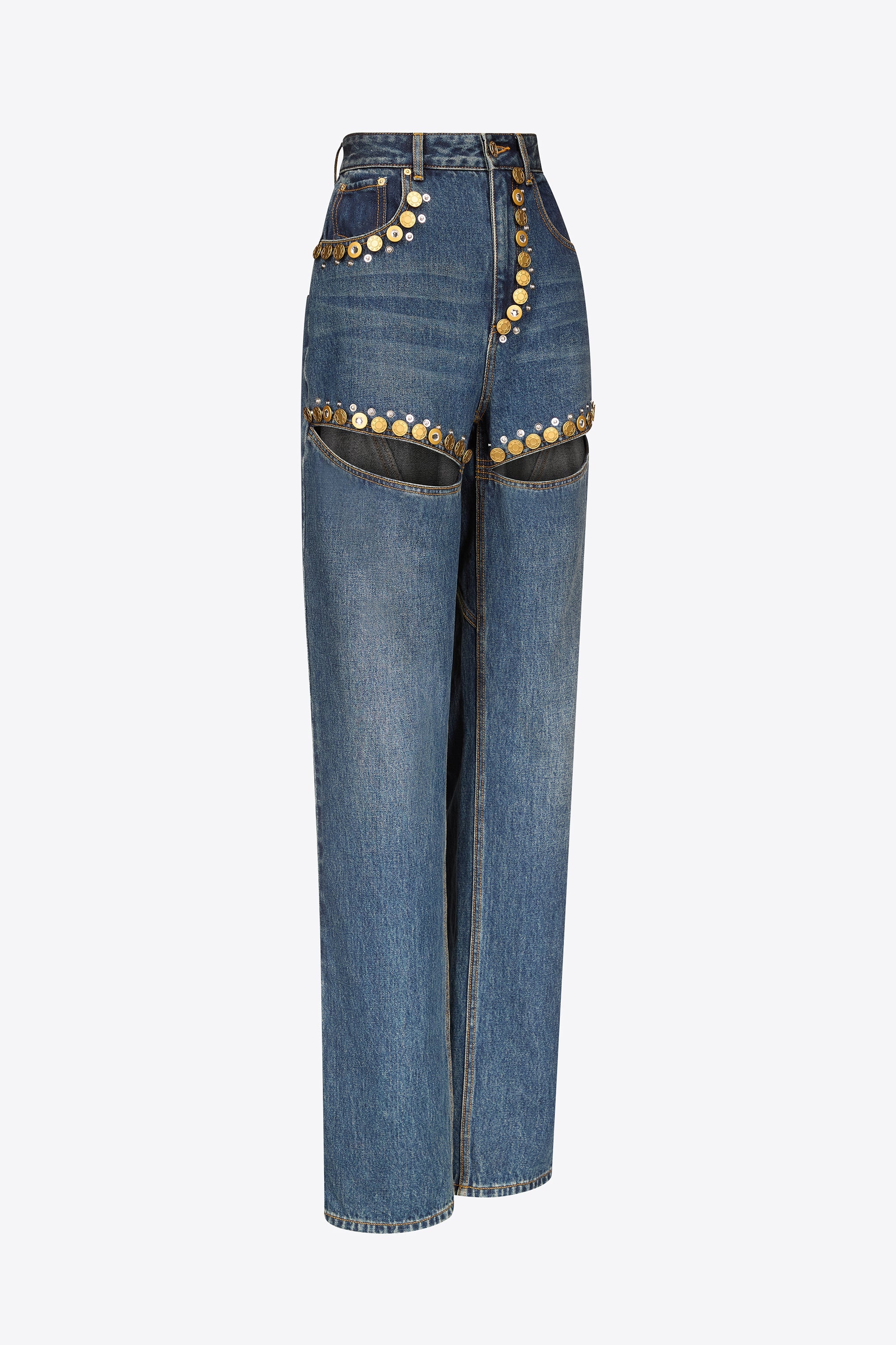CRYSTAL BUTTON STUDDED SLIT JEAN - 2