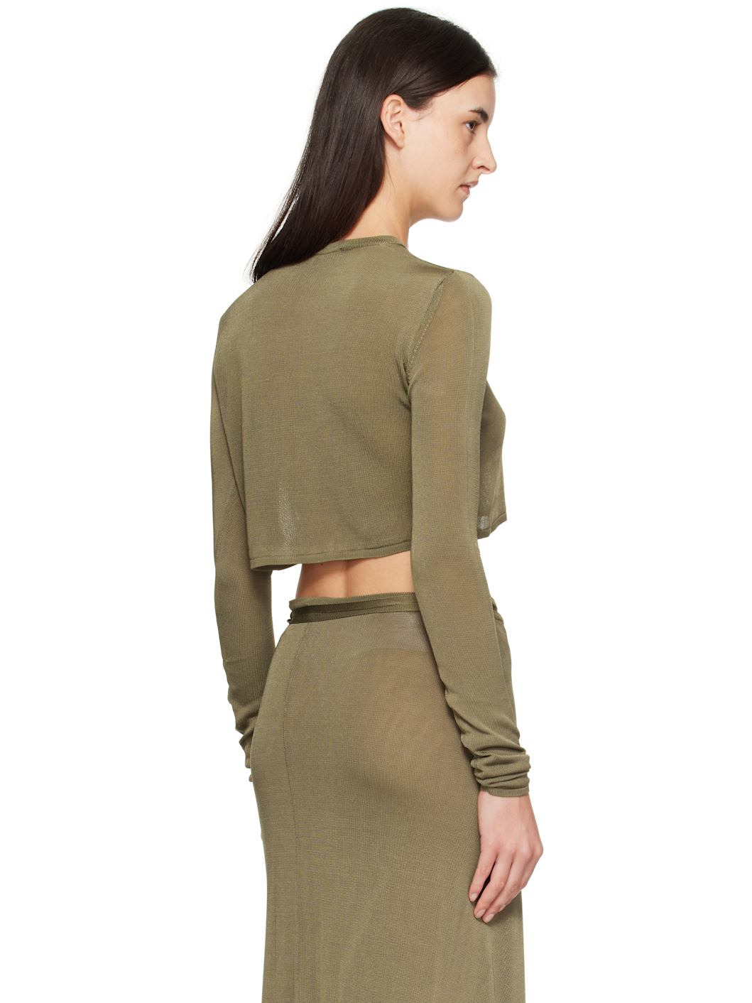 Khaki Kazel Cropped Thin Knit T-shirt - 3