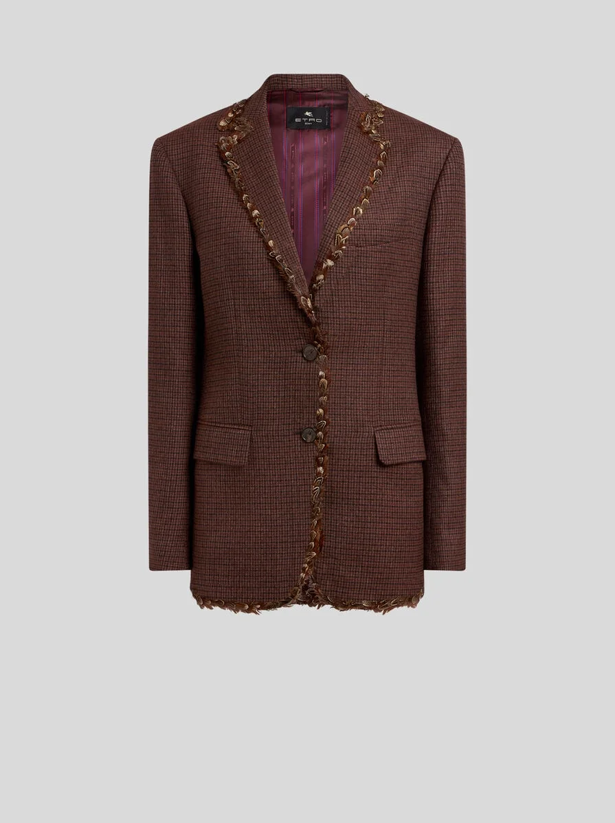SINGLE-BREASTED WOOL JACKET WITH PHEASANT FEATHERS AND MICRO HOUNDSTOOTH MOTIF - 1