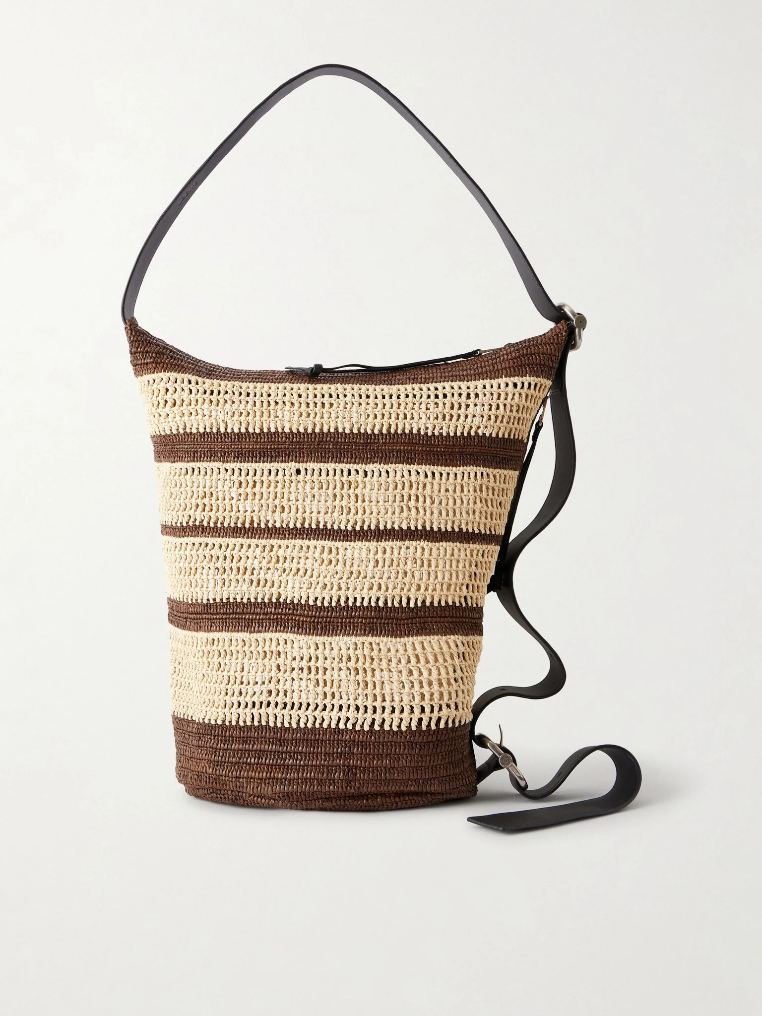 + Paula's Ibiza Loop Bucket Medium Leather-Trimmed Raffia Tote Bag Brown - 1
