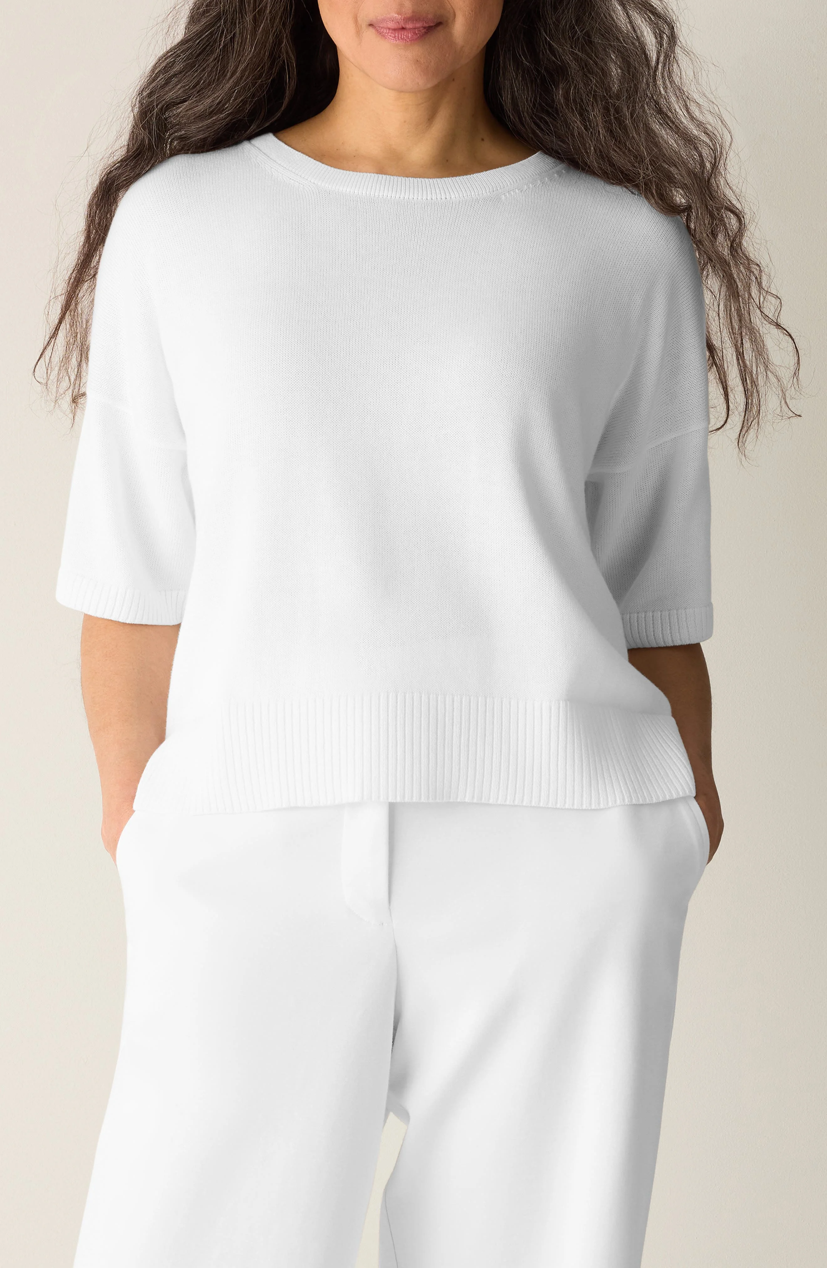 Eileen Fisher Elbow Sleeve Organic Cotton Blend Crewneck Sweater in White at Nordstrom - 1