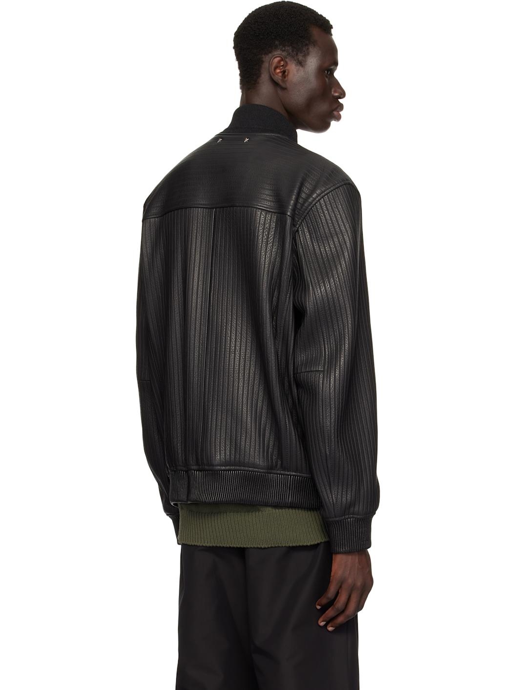 Black Embossed Stripes Leather Bomber Jacket - 3