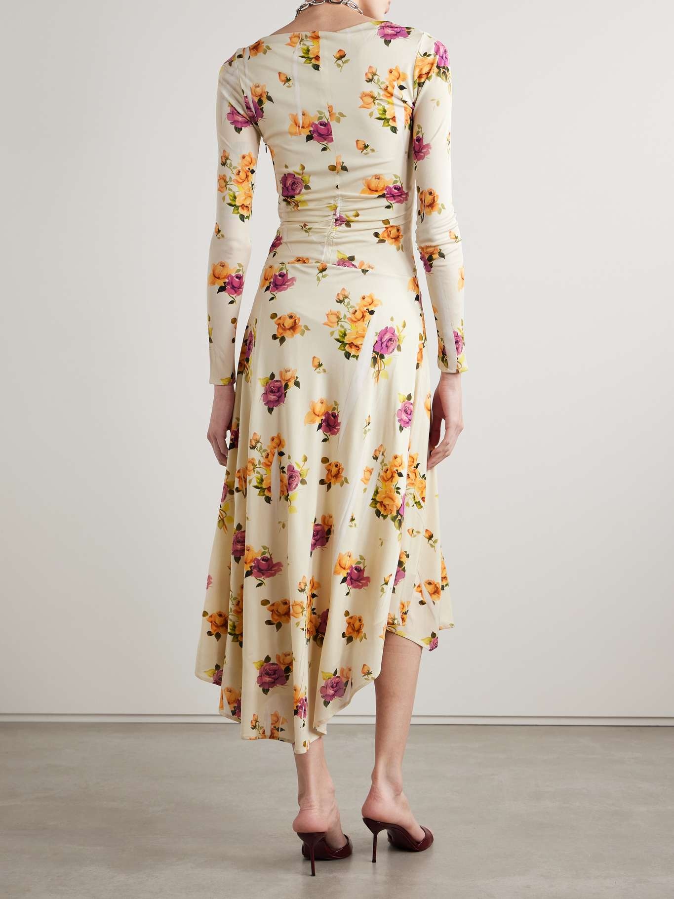 Asymmetric floral-print crepe dress Cream - 3