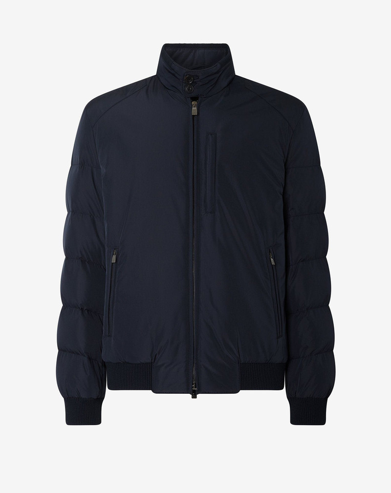 Blue techno poplin down bomber jacket 1