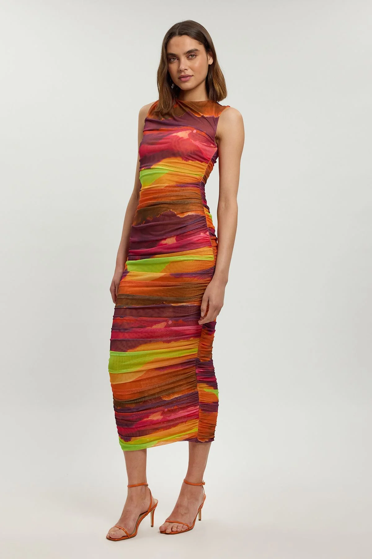 Marbled Printed Mesh Ruched Jersey Maxi Dress - 1
