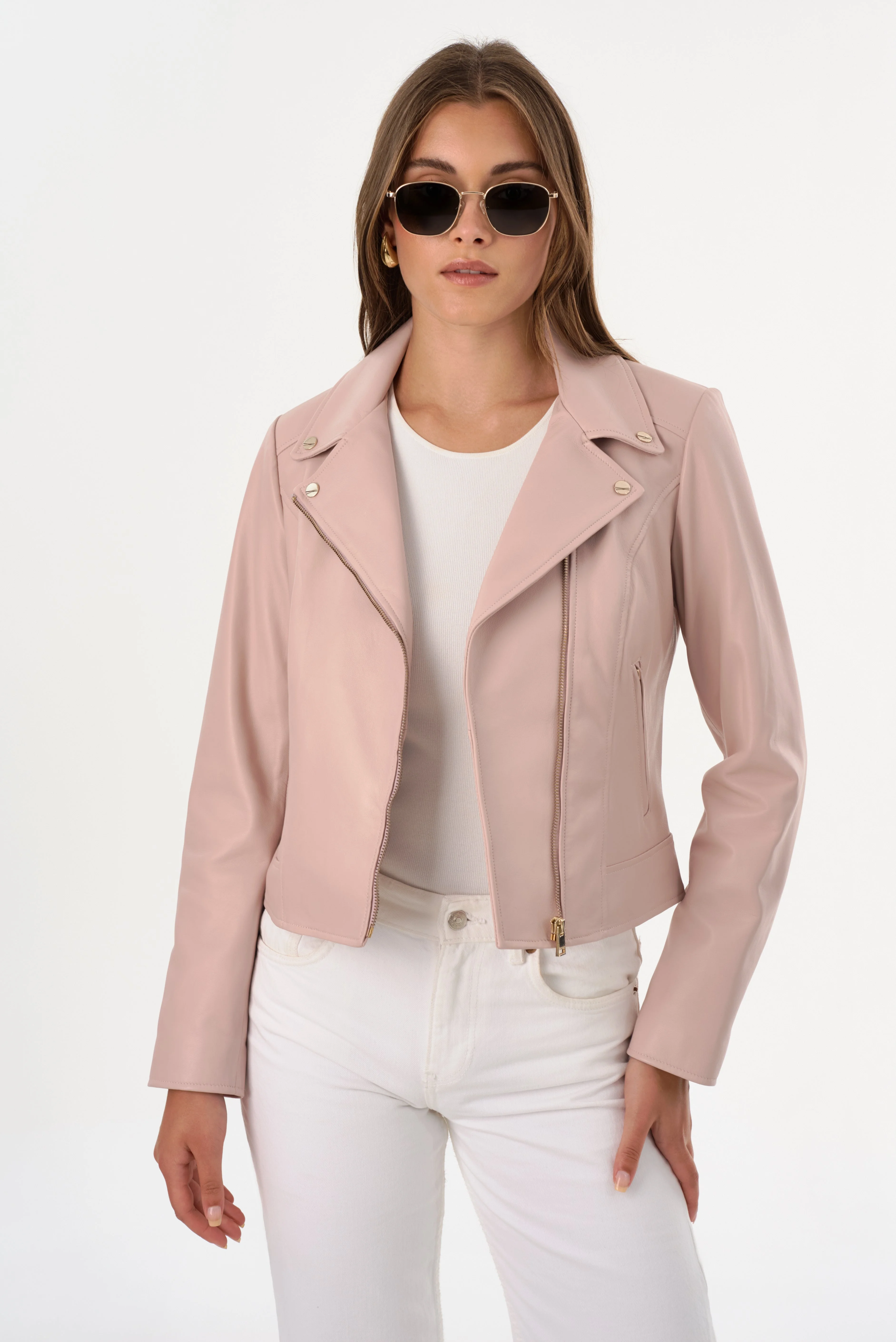 KELSEY | Leather Biker Jacket Champagne Hardware - 1