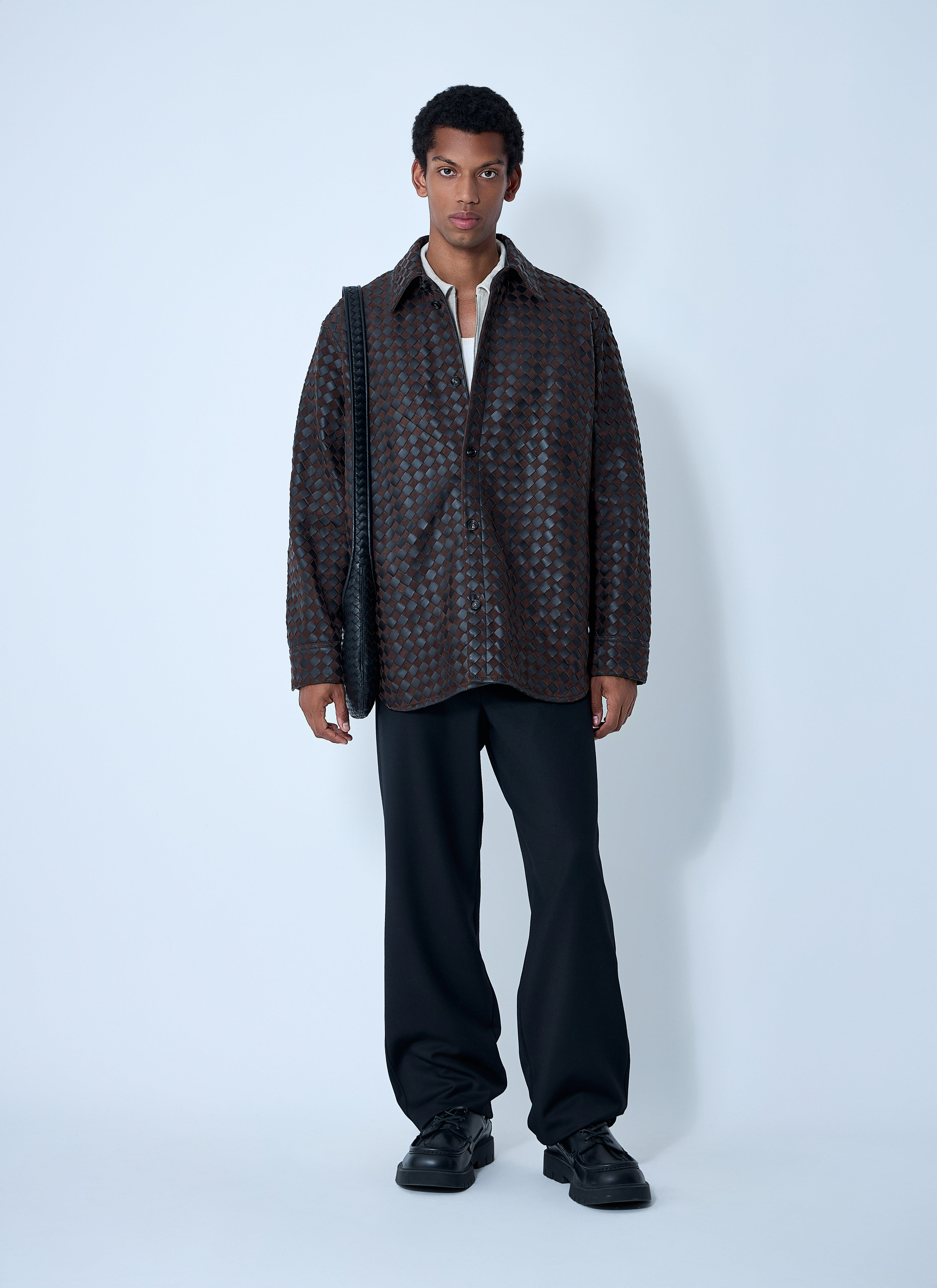 Bottega Veneta Men Intrecciato Leather And Suede Shirt - 2