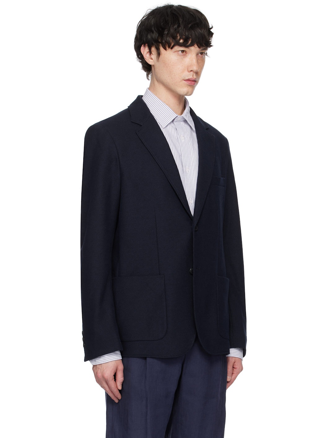 Navy Piqué Unstructured Blazer - 2