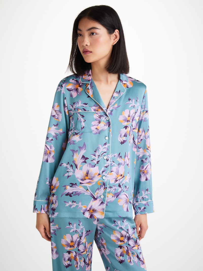 Women's Pajamas Silk Satin Blue Wildflower Pattern - 4