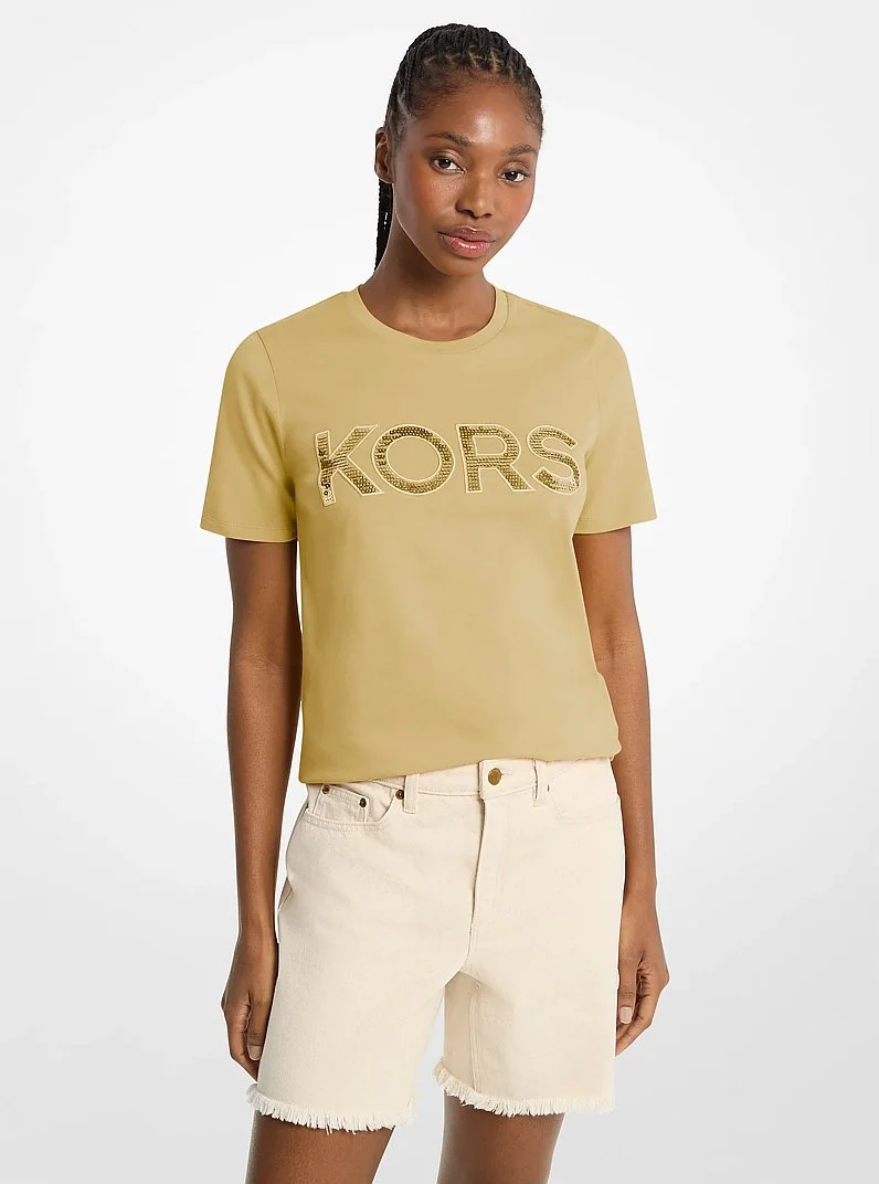 Sequined Logo Cotton T-Shirt - 1