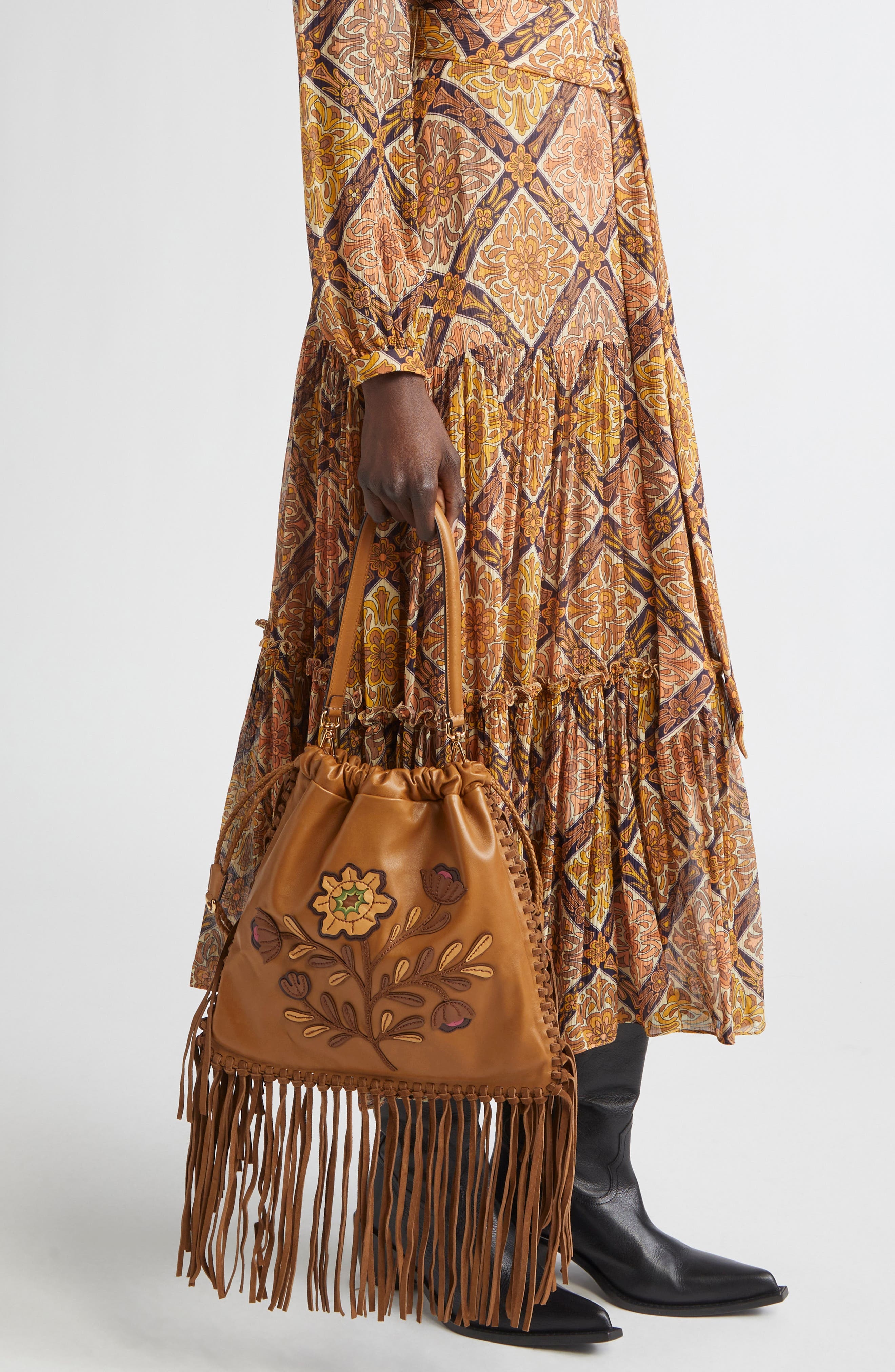 Etro Kalispera Embroidered Fringe Leather Shoulder Bag in M0180 Dark Brown at Nordstrom - 3