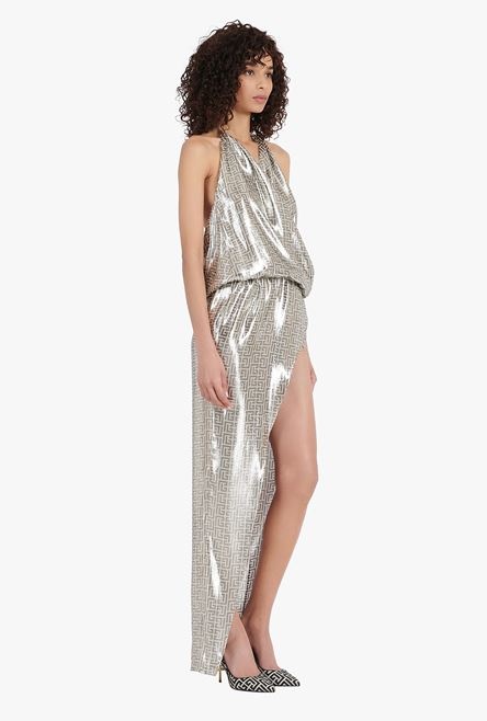 Long silver silk dress with Balmain monogram - 7