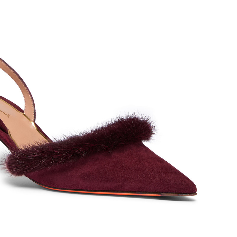 Women's burgundy suede and mink mid-heel slingback 6