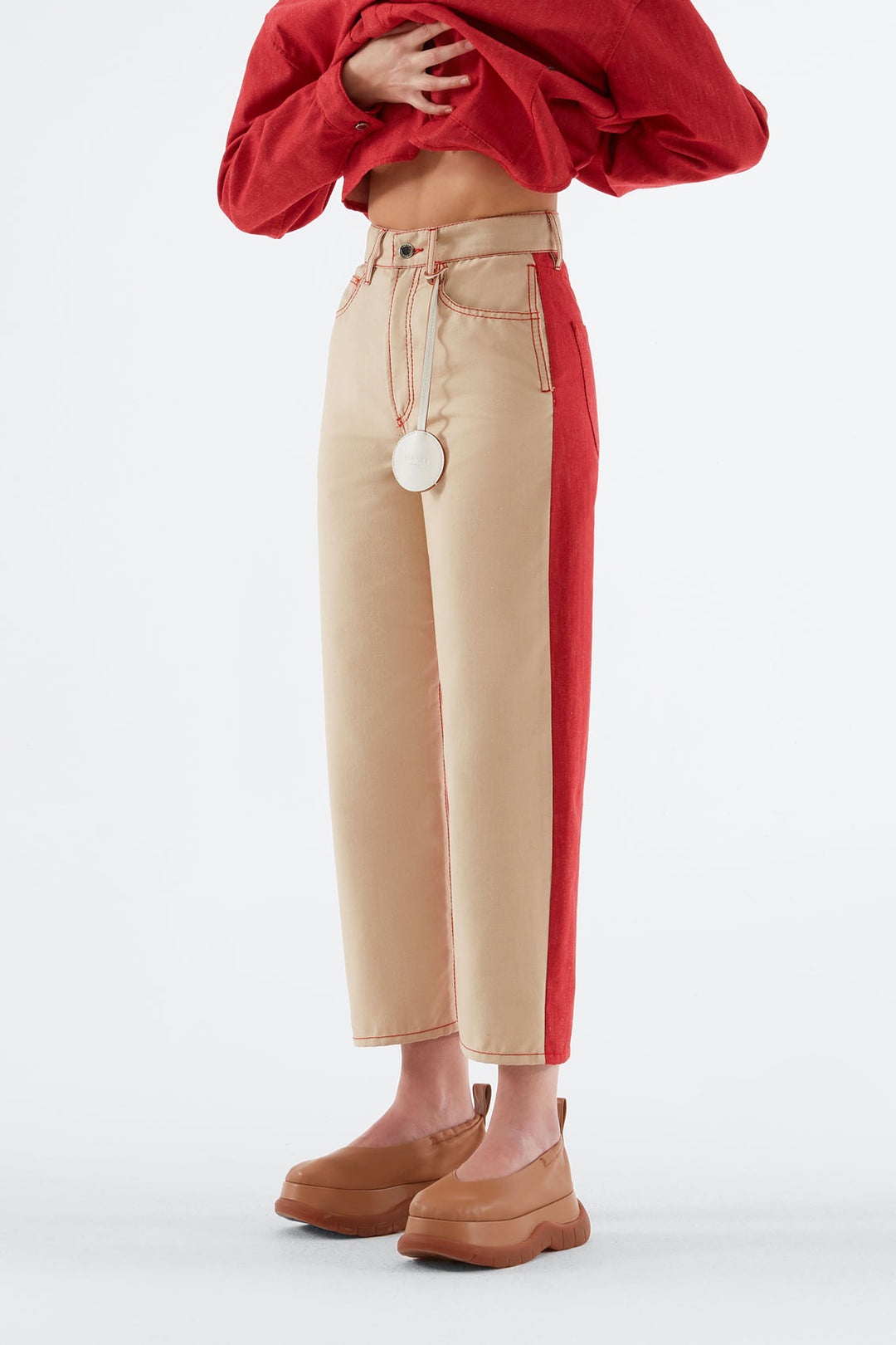 BEIGE & RED DENIM PANTS - 1