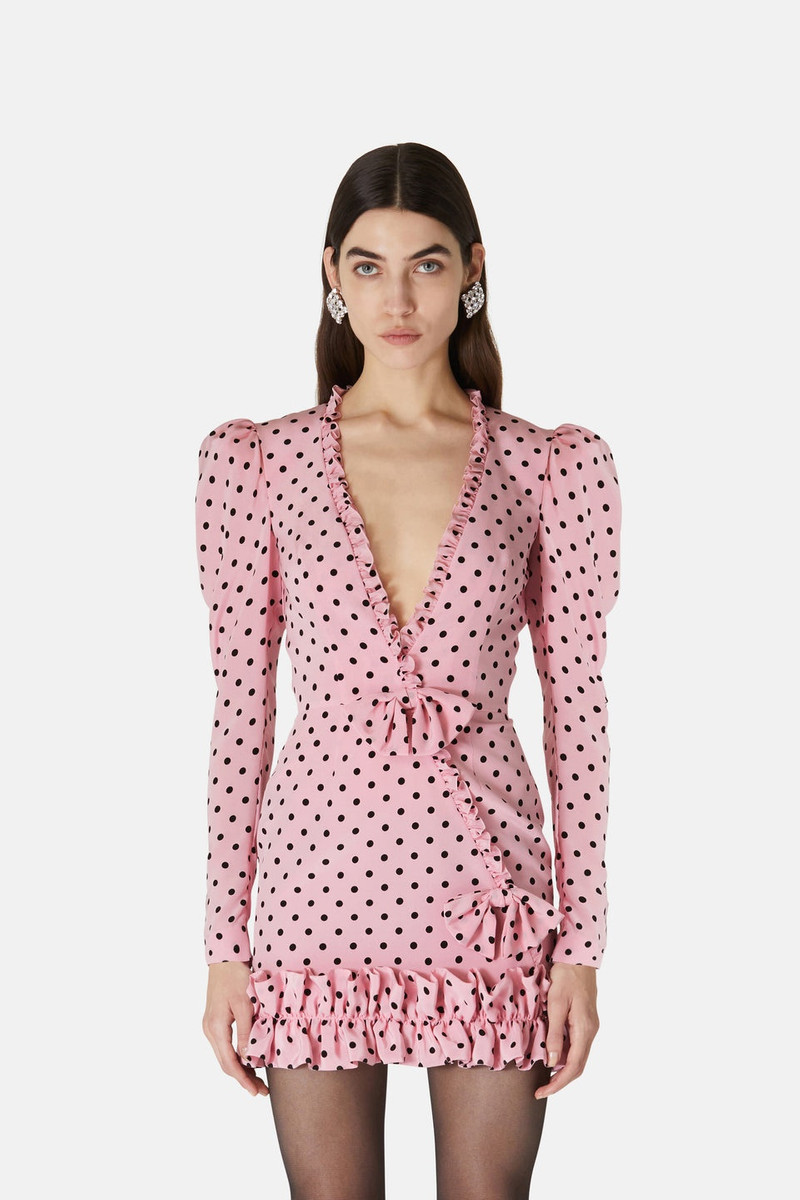 POLKA DOT PRINT SILK MINI DRESS W/ RUFFLE AND BOW 6