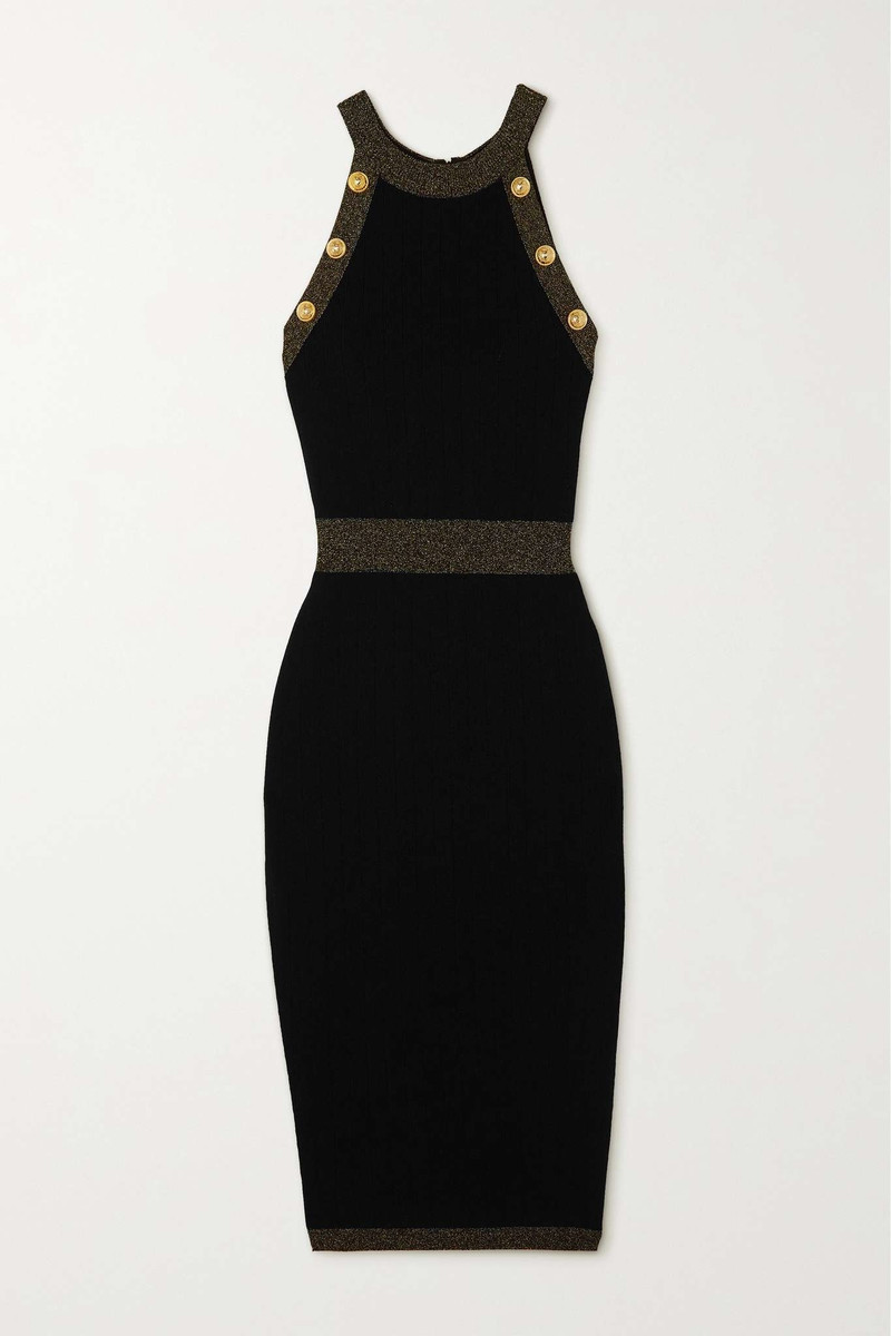 Button-embellished metallic ribbed-knit midi dress 1
