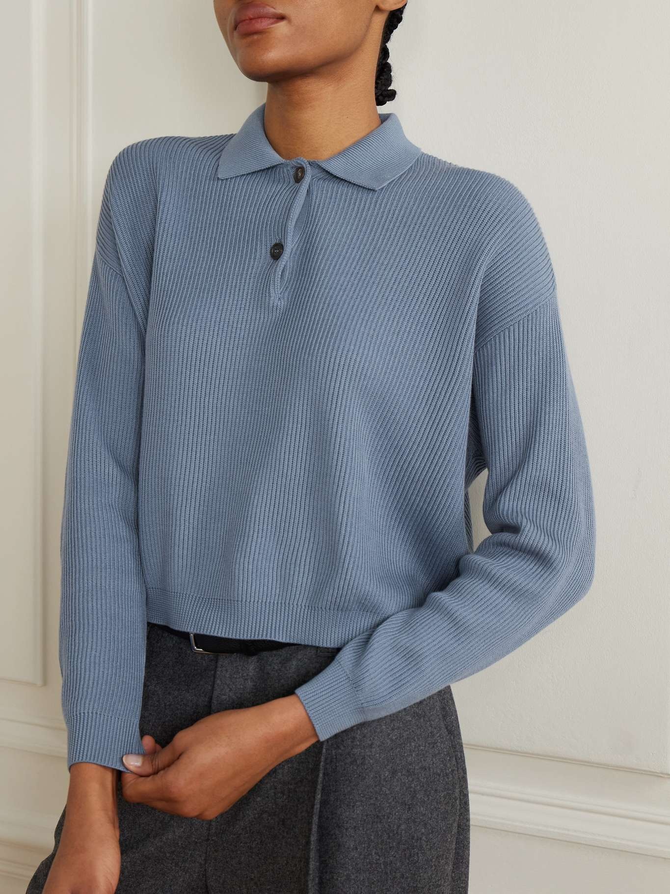 Bead-embellished ribbed cotton sweater Blue - 3