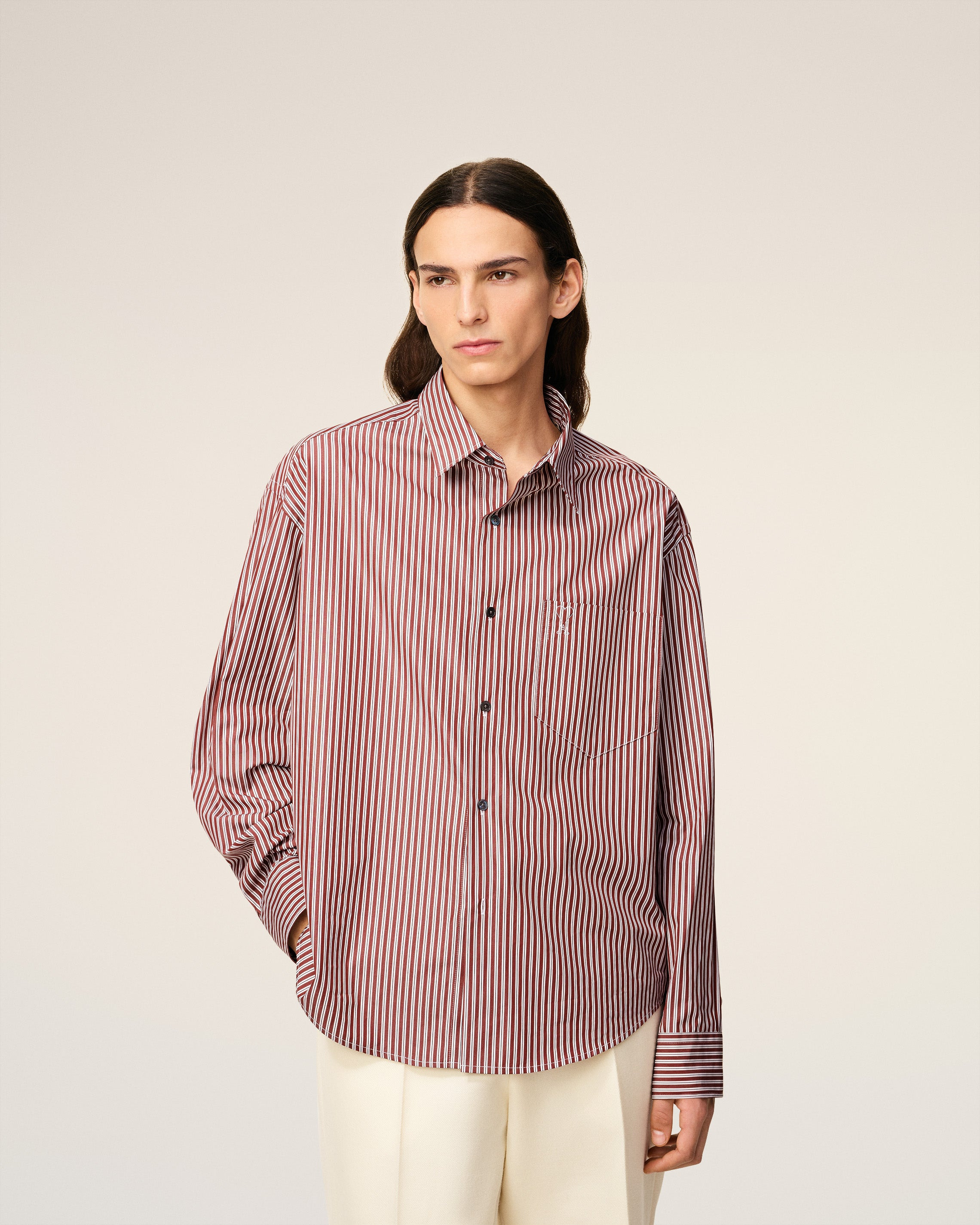 BURGUNDY COTTON EMBOSSED AMI DE COEUR STRIPED BOXY SHIRT - 3