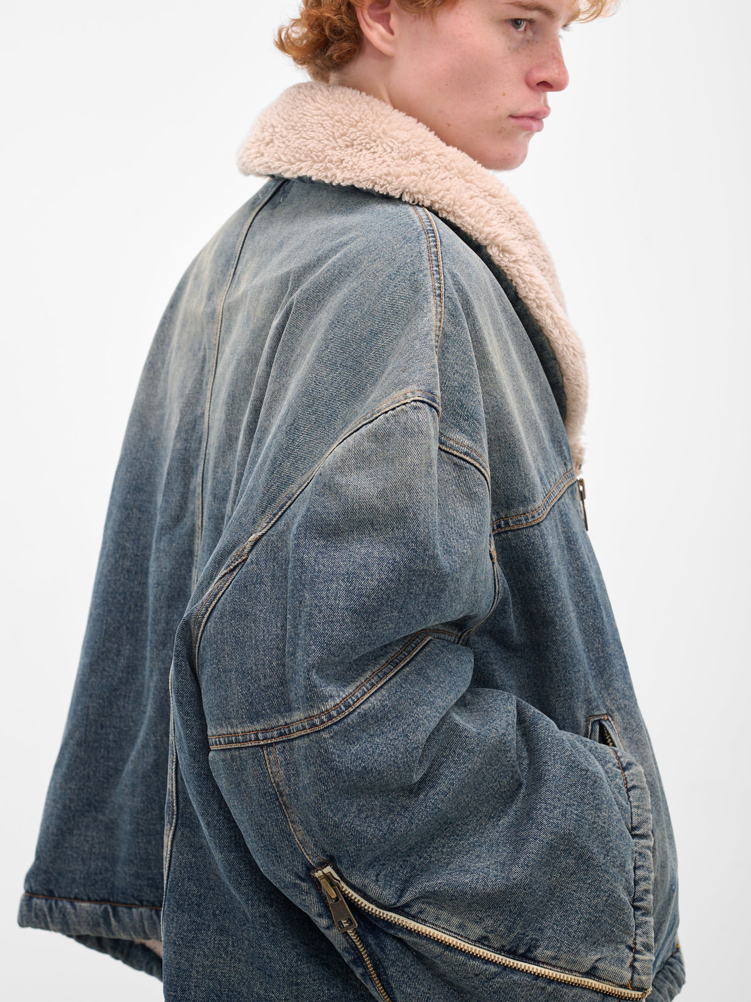 Blue Denim Shearling Boxy Jacket - 5