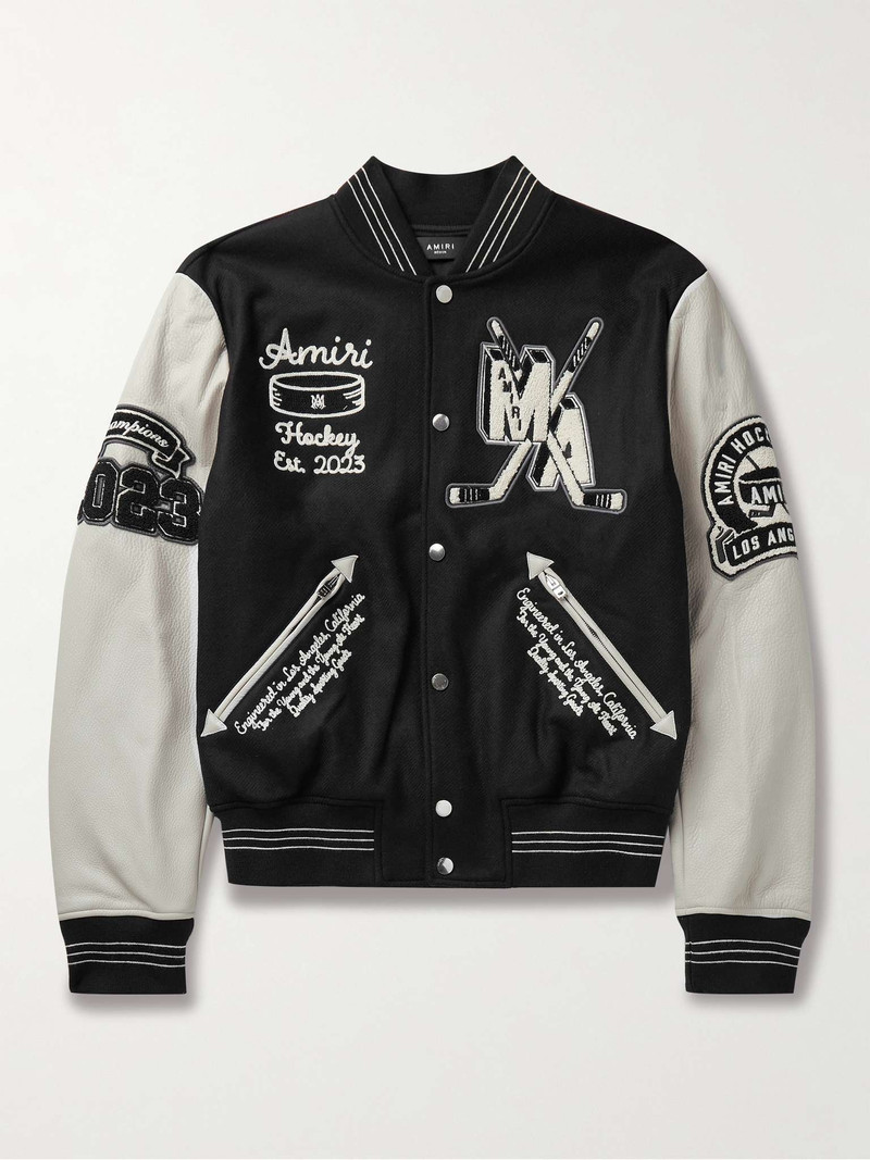 Appliquéd Logo-Embroidered Wool-Blend Twill and Leather Varsity Jacket 1