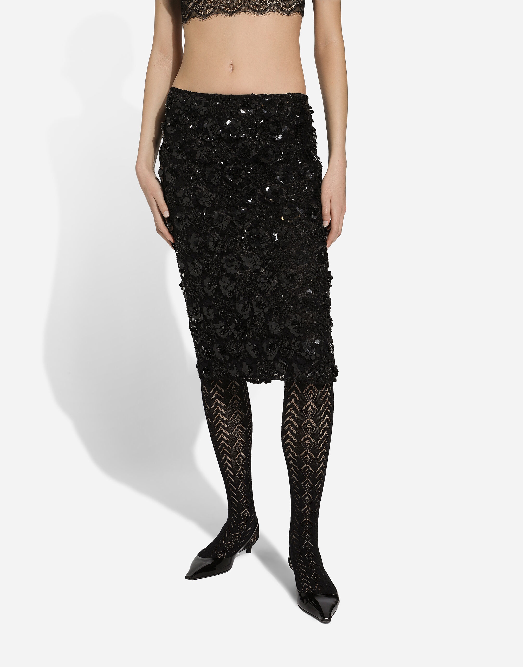 Lace calf-length skirt with all-over sequins - 4