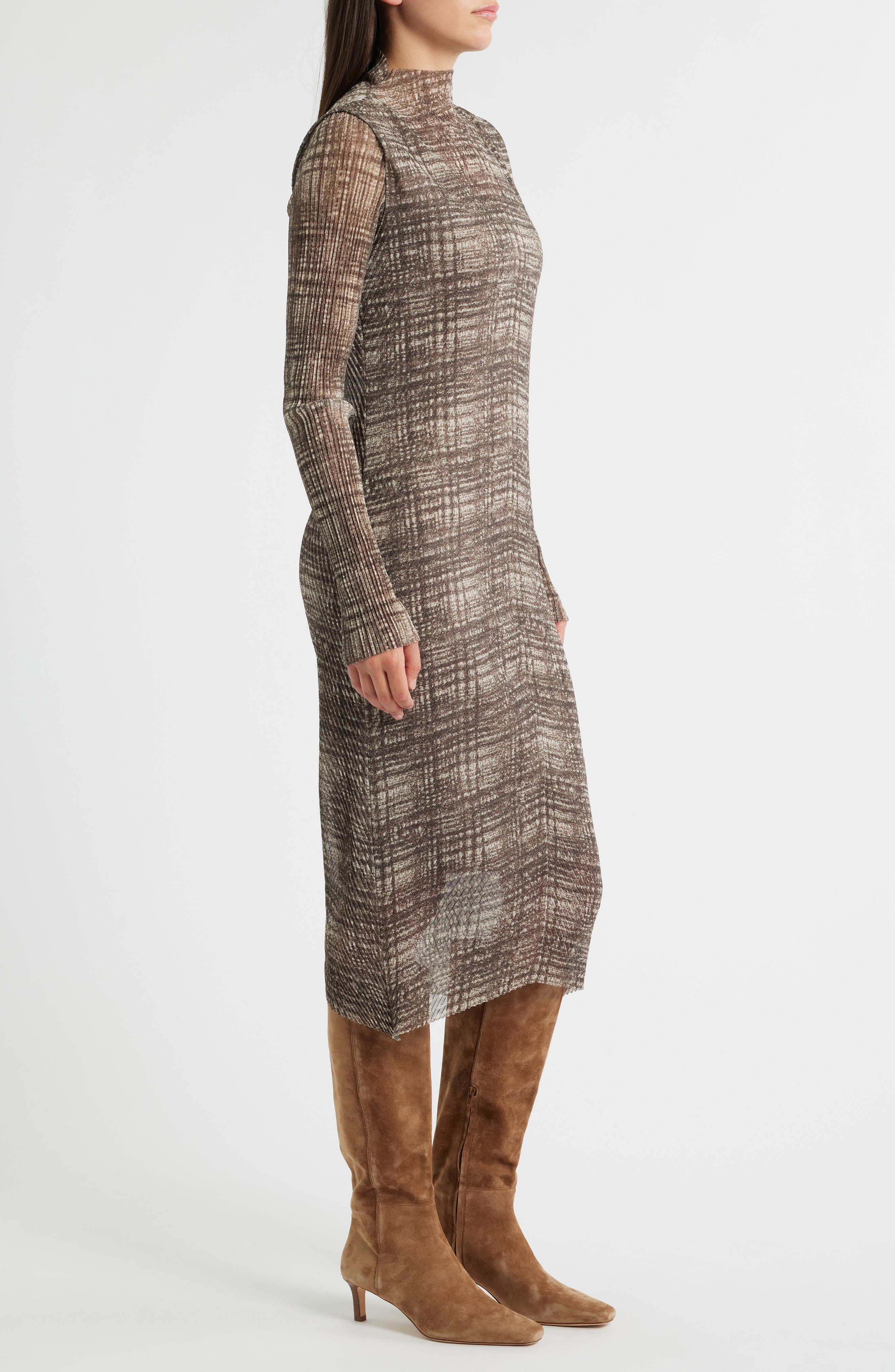 BOSS Mock Neck Long Sleeve Maxi Dress in Beige Multi at Nordstrom - 3