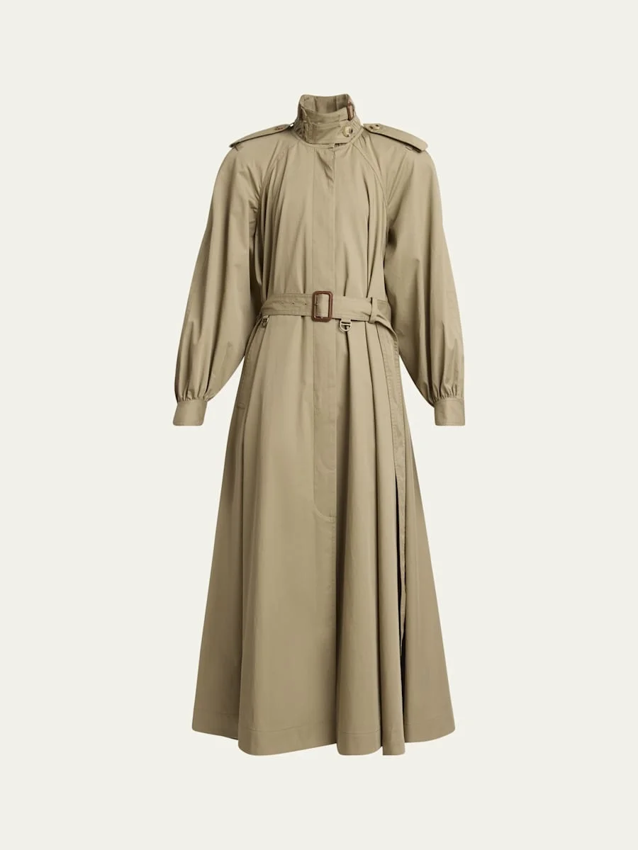 Long High-Neck Belted Gabardine Trench Coat - 1