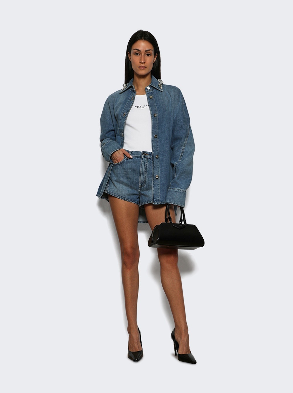 Short Cocoon Denim Shirt 420 Medium Blue - 5