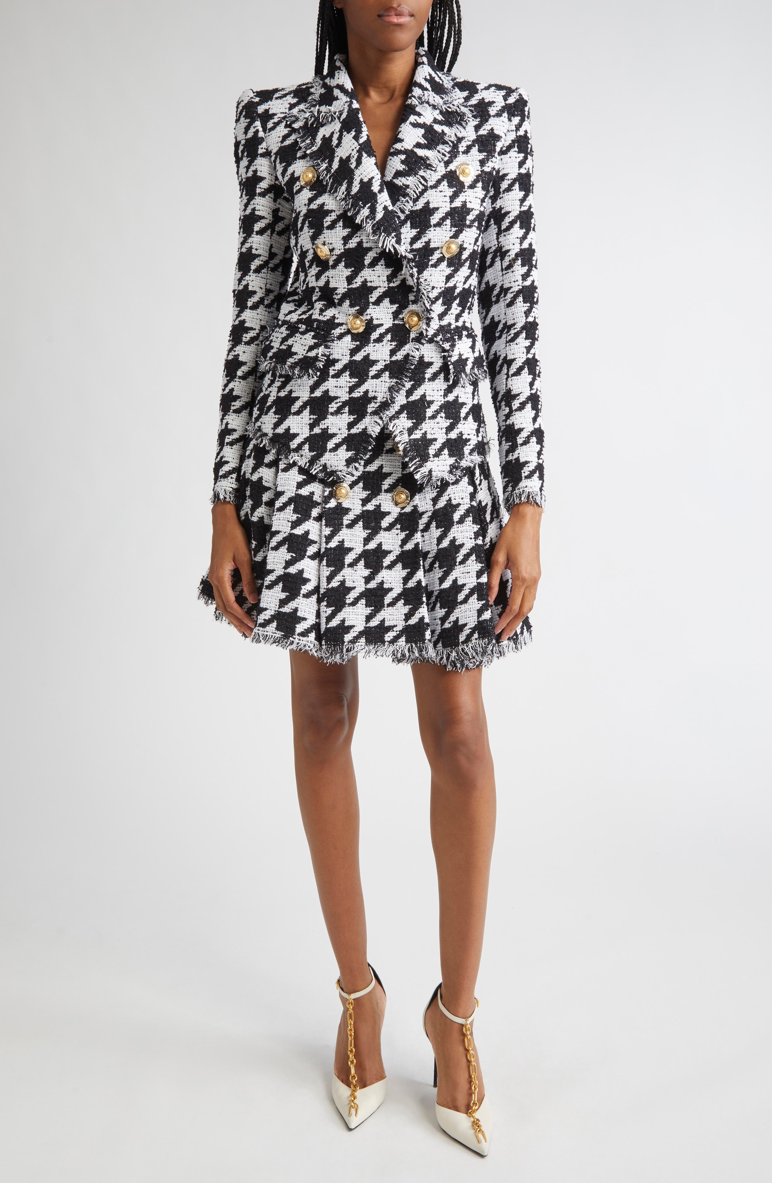 Balmain Houndstooth Check Tweed Flared Skirt in White/Black at Nordstrom - 2