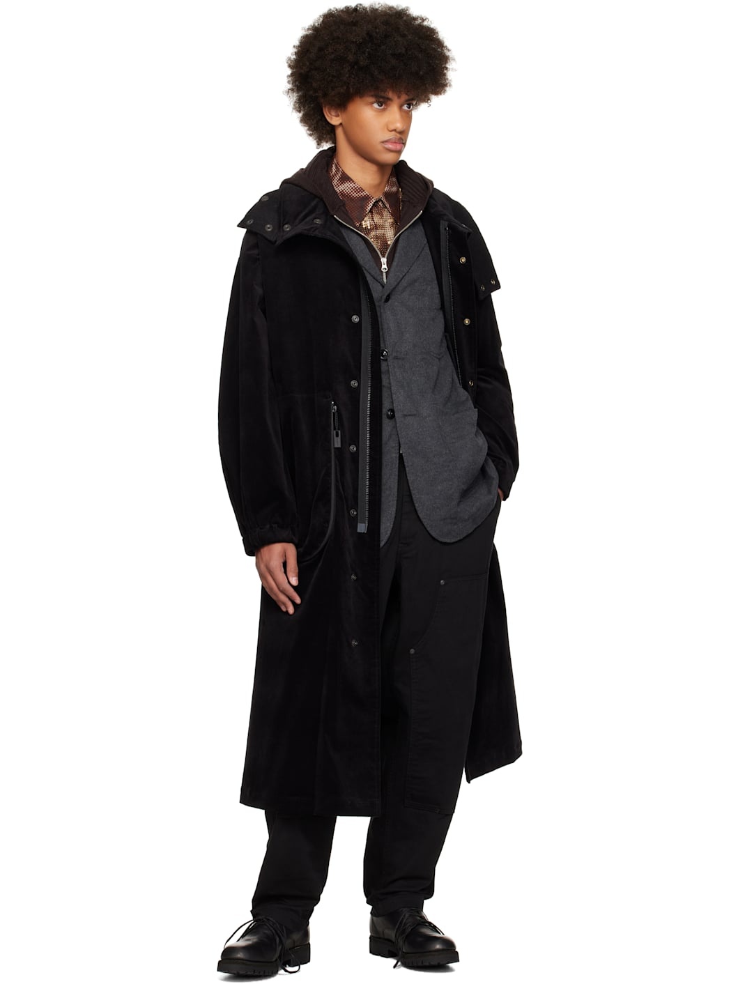 Black M-Velvet Hooded Coat - 5