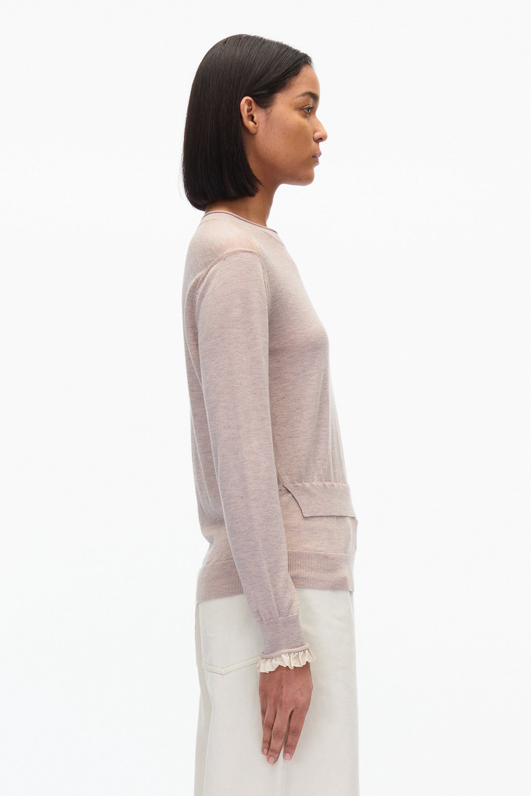 Layered Wool Silk Crew Sweater w Chiffon Cuff - 3