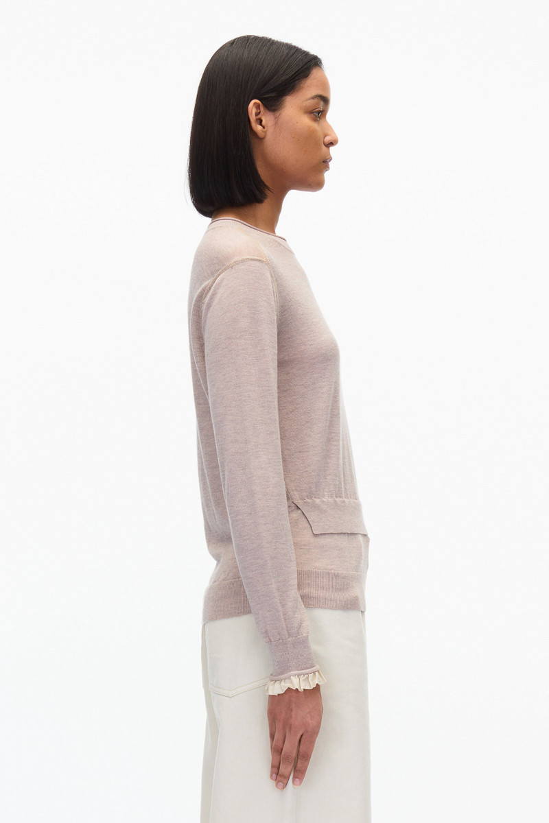 Layered Wool Silk Crew Sweater w Chiffon Cuff 3