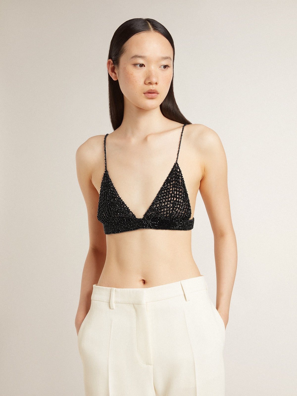 Women's black crochet top with crystals - 2
