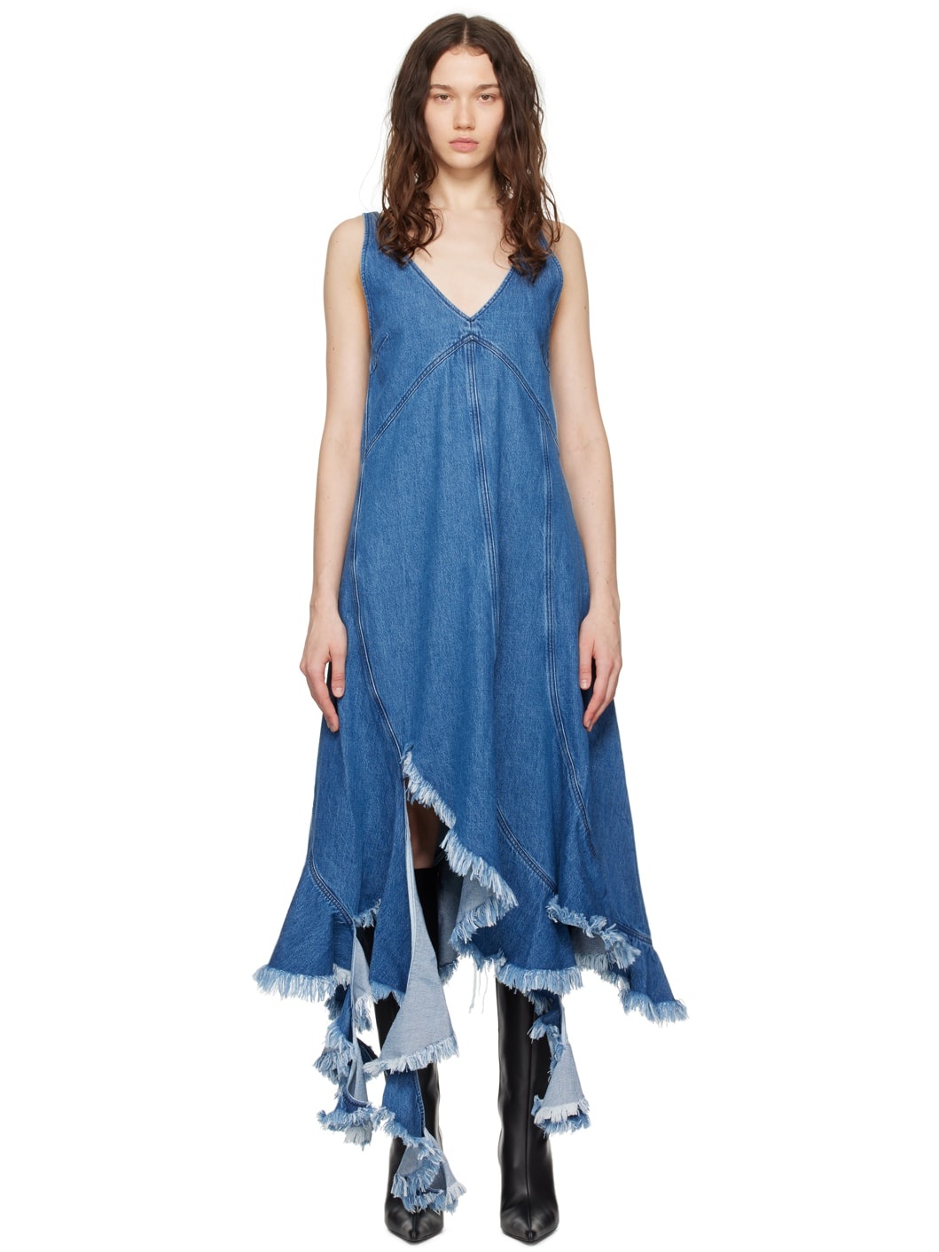 Blue Frayed Denim Midi Dress - 1