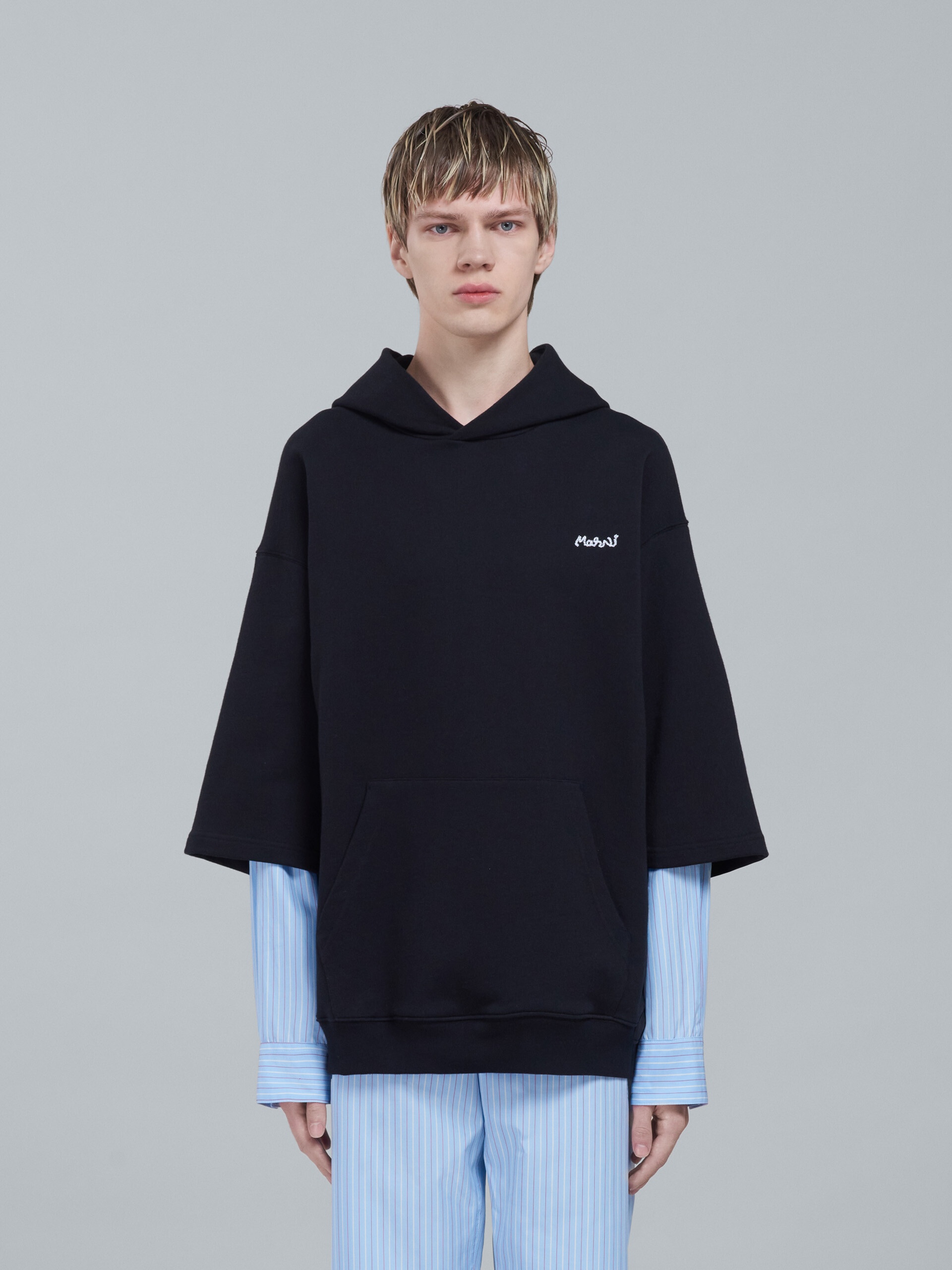 BLACK BIO COTTON HOODED SWEATSHIRT - 2
