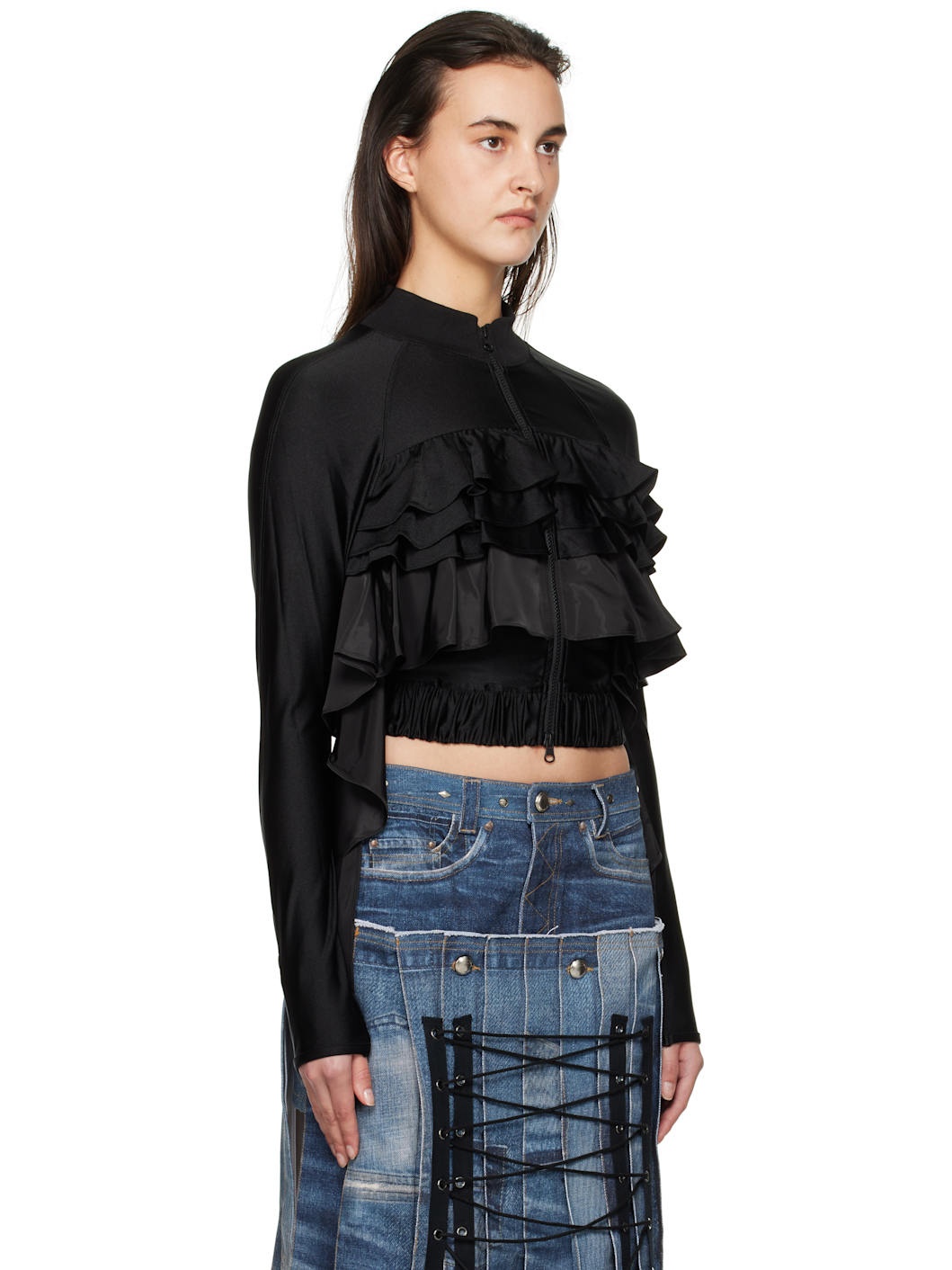 Black Riley Ruffle Tight Zip Up Jacket - 2