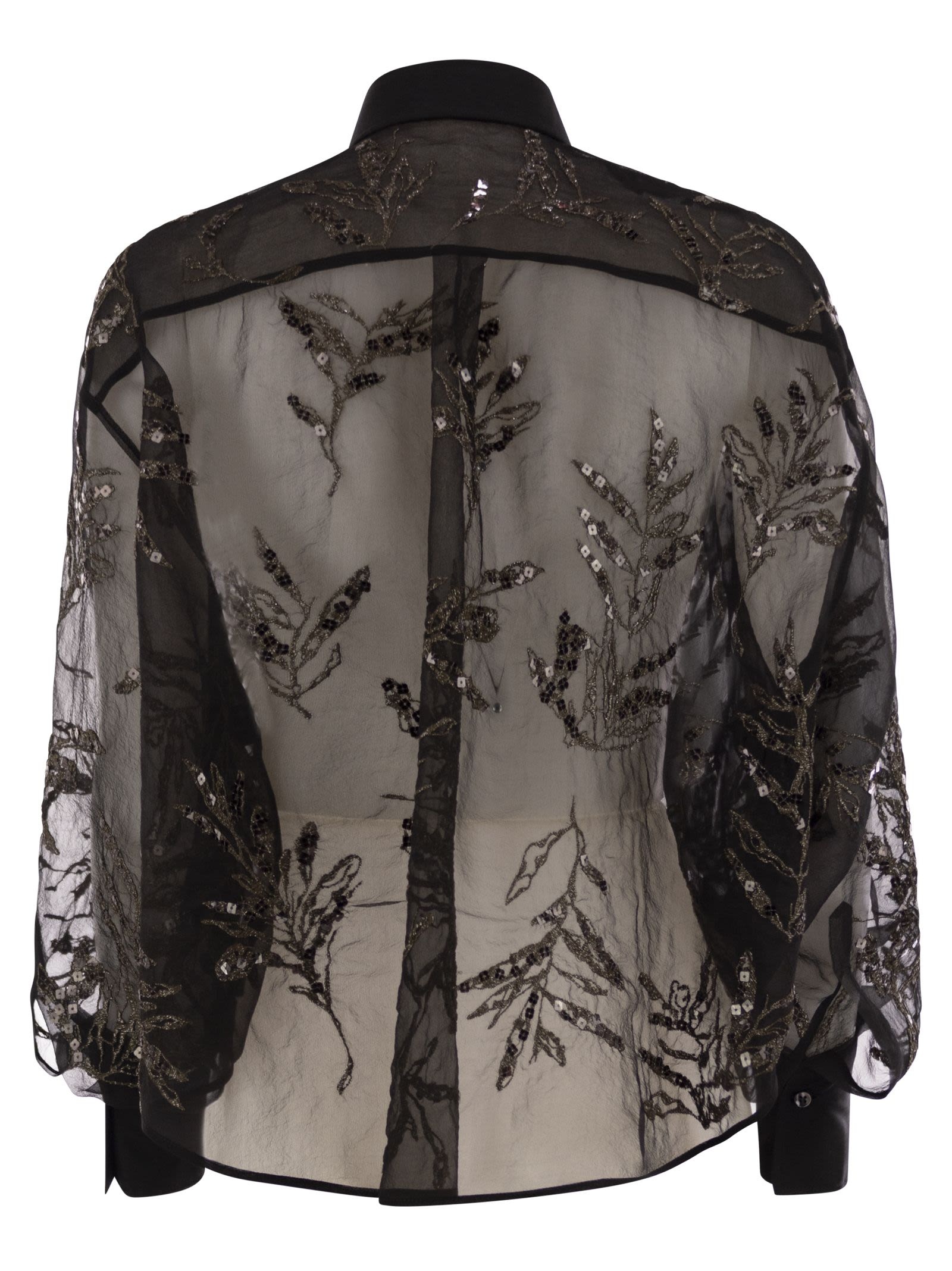 Brunello Cucinelli Women Crispy Silk Shirt With Glistening Flora Embroidery - 2