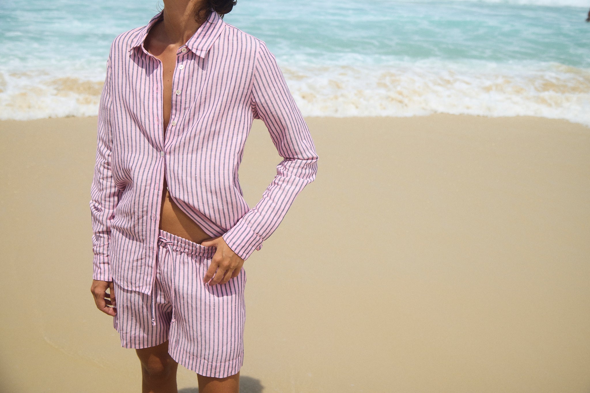PINK INDIGO STRIPE LINEN BOXER SHORTS - 5
