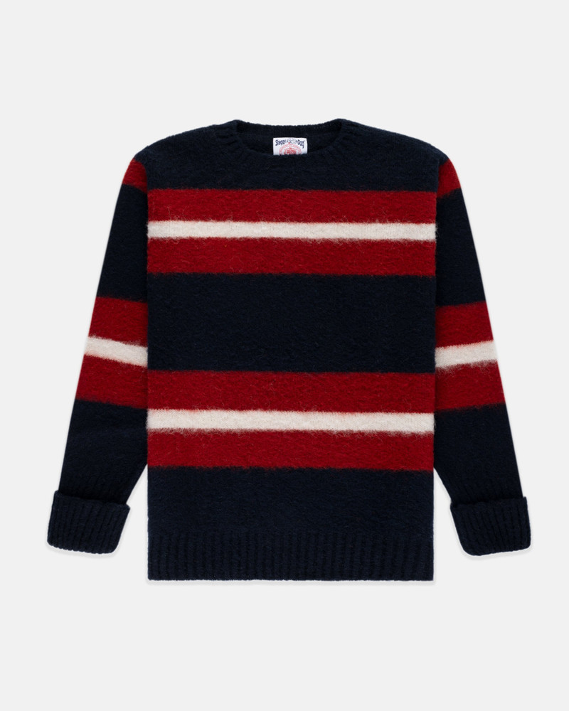 J. PRESS MADE-IN-SCOTLAND NAVY, CRIMSON & WHITE SHAGGY DOG FRAME STRIPE SWEATER - CLASSIC FIT outlook
