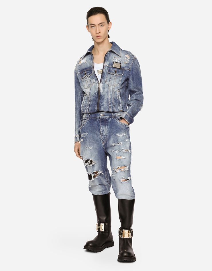 Light blue mixed-denim jumpsuit with rips - 2